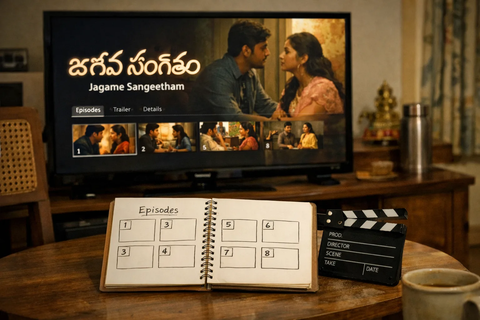 A laptop displays a streaming-series page beside a notebook with eight episode boxes and a clapperboard.