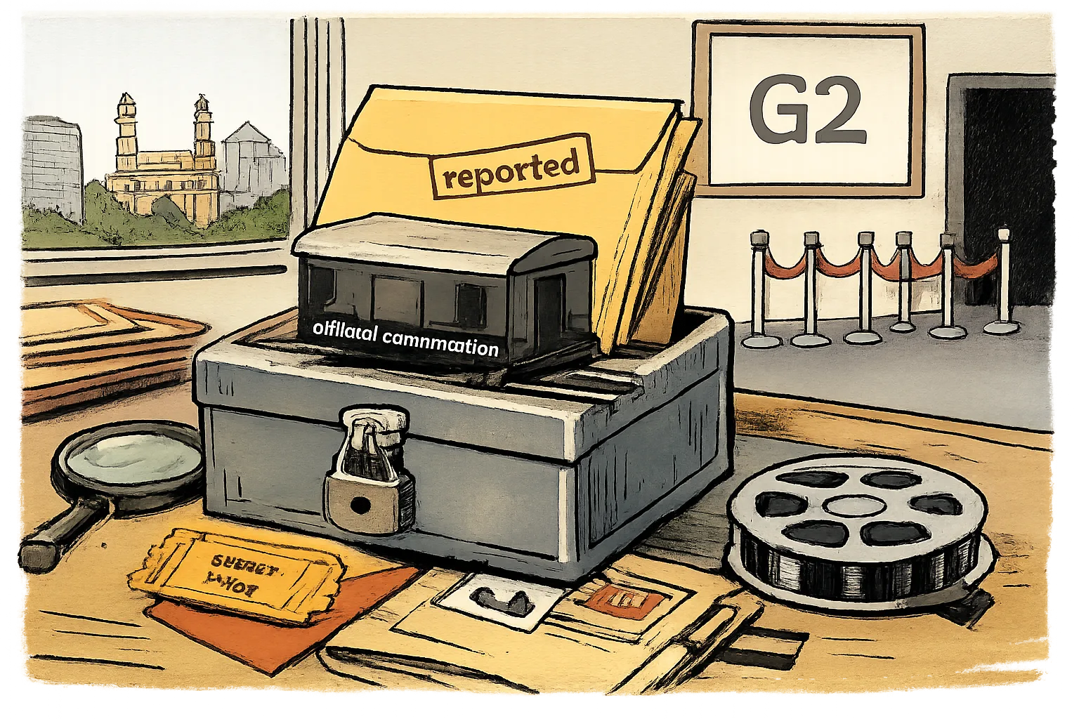 A cartoon Hyderabad film-publicity desk shows a cinema date card marked 5 February 2027 locked inside several envelopes and boxes beside a spy dossier and film reel.