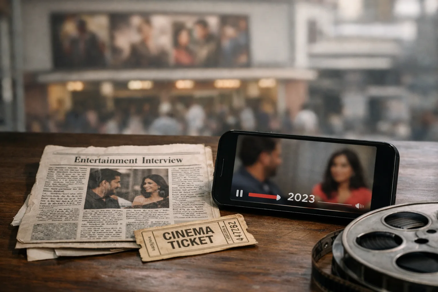 A smartphone showing an indistinct paused interview rests beside an old printed article, a cinema ticket and film-reel prop, with a blurred Hyderabad theatre in the background.