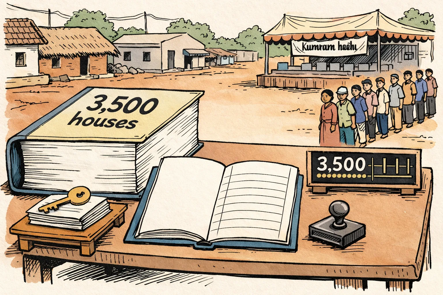 A giant file marked 3,500 houses opens to blank pages beside an unused beneficiary register, documents and a large key at a housing-scheme event in a Telangana village.