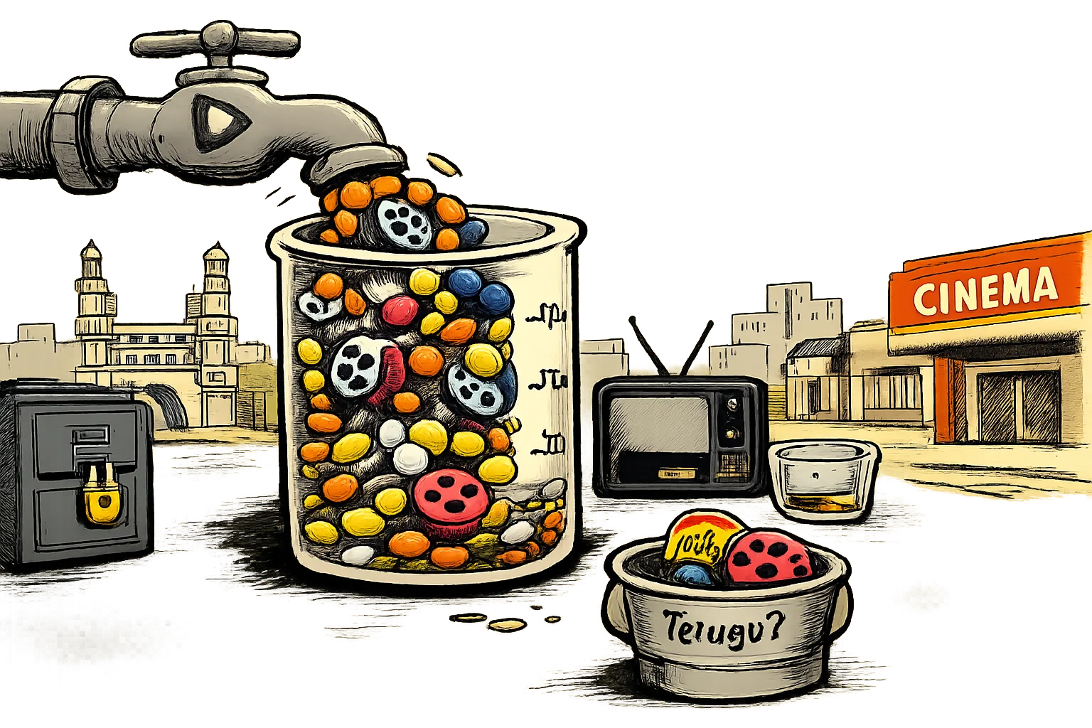 An editorial cartoon shows a streaming tap overflowing into a large percentage jar while a separate bucket marked Telugu? remains almost empty beside a television and a locked database file.