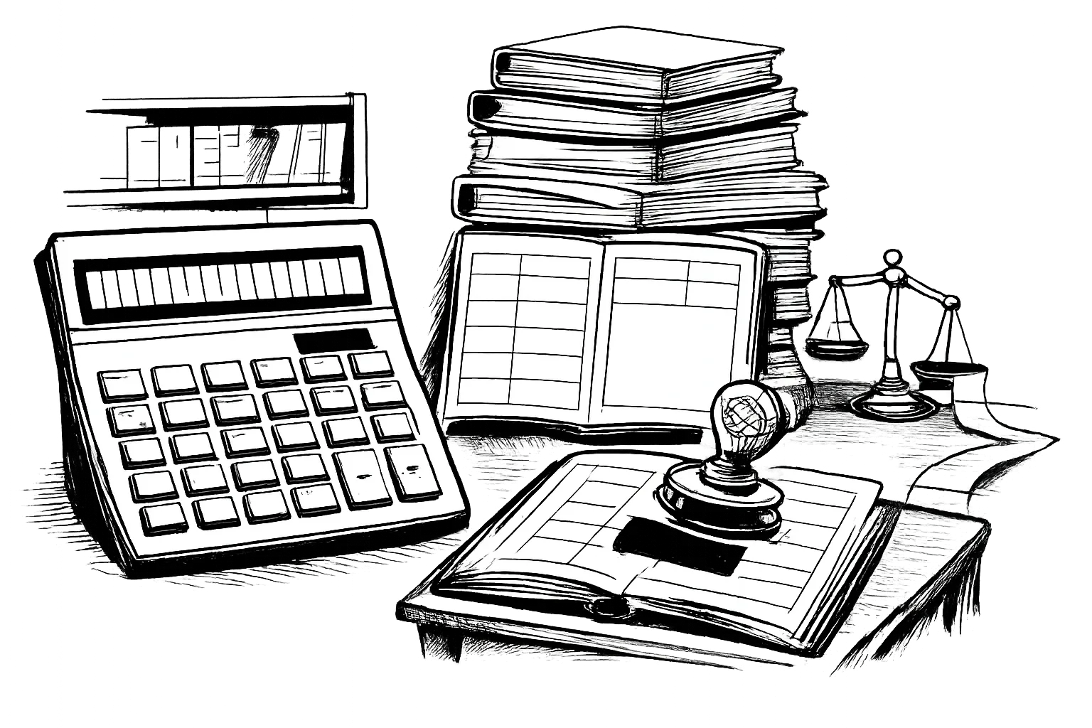An oversized calculator, a tall stack of blank electoral files and an empty ledger dominate a government records room; a paper trail stops abruptly beside a leaning balance scale.