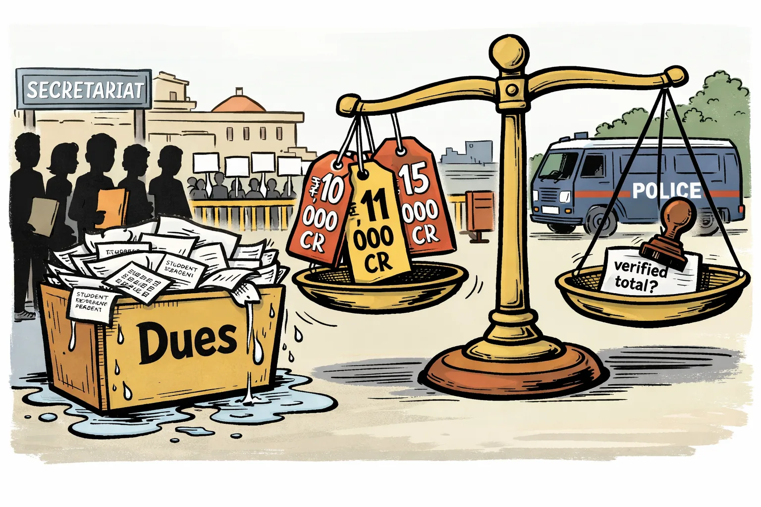 A cartoon outside a Hyderabad government-office road shows a leaking file of fee receipts beside a weighing scale carrying three different crores figures, while a protest line stops at a police barricade and students wait with folders.