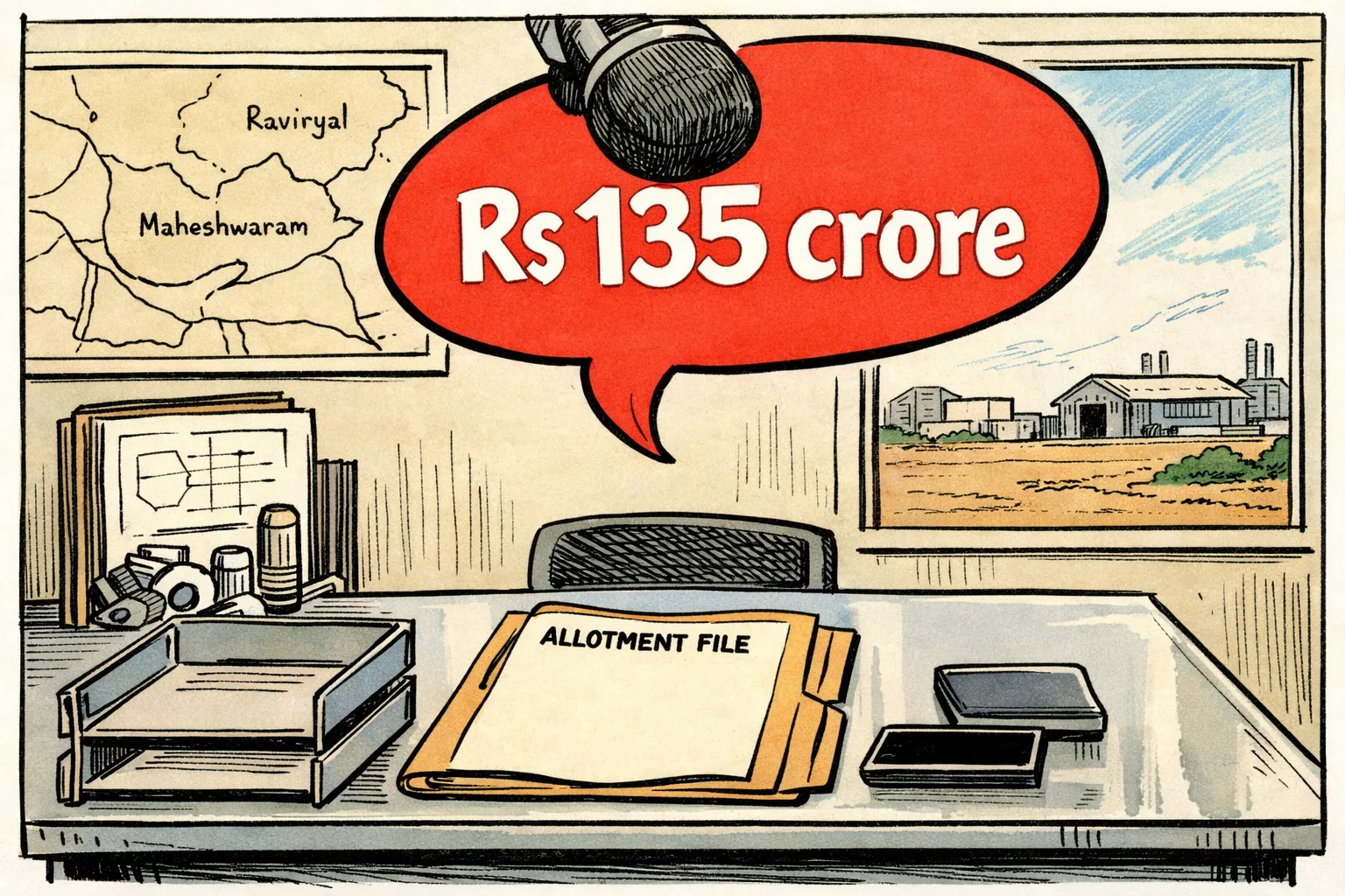 A large red accusation labelled Rs 135 crore hangs above an empty government file marked Raviryal land allotment, while a smaller folder of company documents sits unopened beside it.