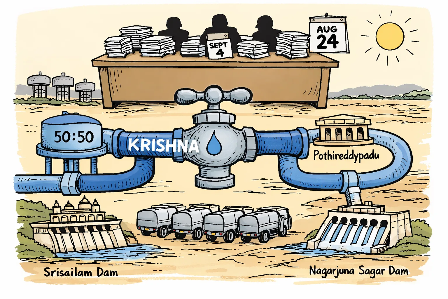 A dry water tap and split Krishna pipeline sit blocked by a large committee desk, while anonymous officials wait behind files and a September 4 calendar page; Srisailam, Nagarjuna Sagar and Pothireddypadu are represented in the background.