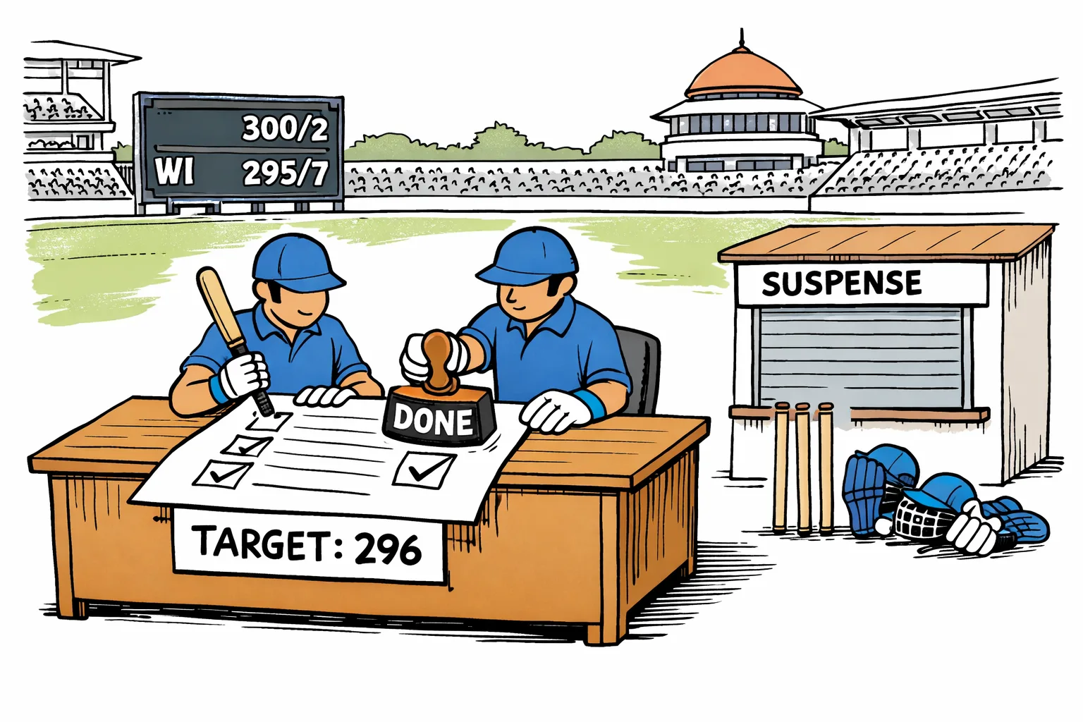 Two generic cricket batters calmly stamp a large target form at a desk beside a cricket ground, while a scoreboard shows India 300/2 and West Indies 295/7.