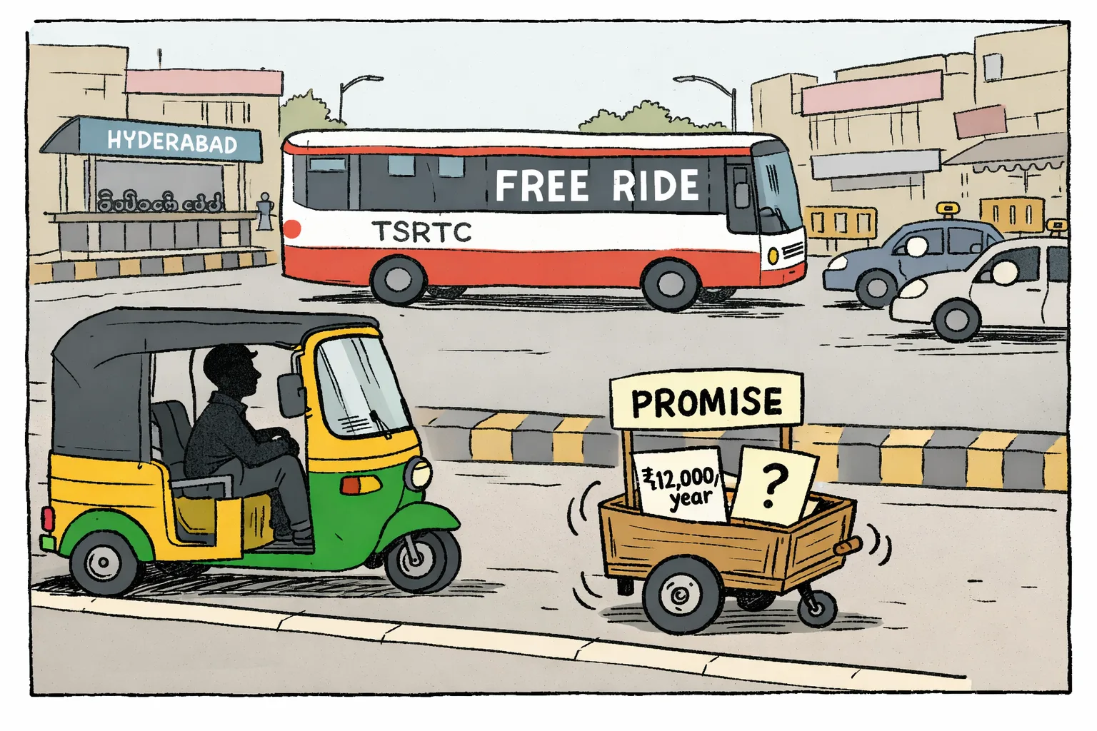 A parked Hyderabad auto-rickshaw waits beside a wobbling cart labelled “PROMISE”, while a TSRTC bus marked “FREE RIDE” and app-based cars pass on the road.
