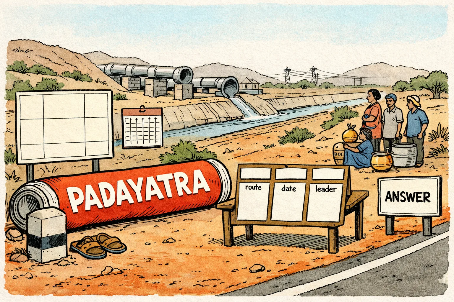 A huge rolled banner beside a blank route map, empty calendar and unused sandals stands on a Telangana roadside near dry irrigation canals, while farmers wait in the background.