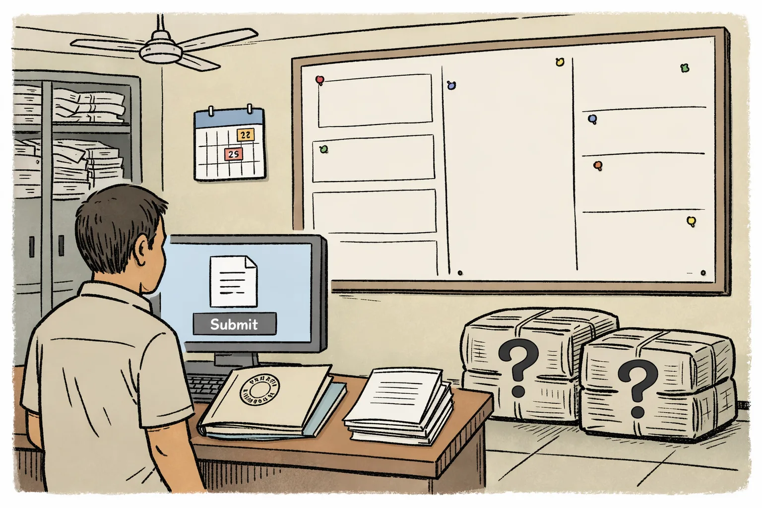 A Hyderabad voter stands at a desk between two towering piles of election paperwork: one marked with a small notice symbol and another labelled with question marks, while a computer screen shows a generic document-submission portal and an empty notice board hangs behind.
