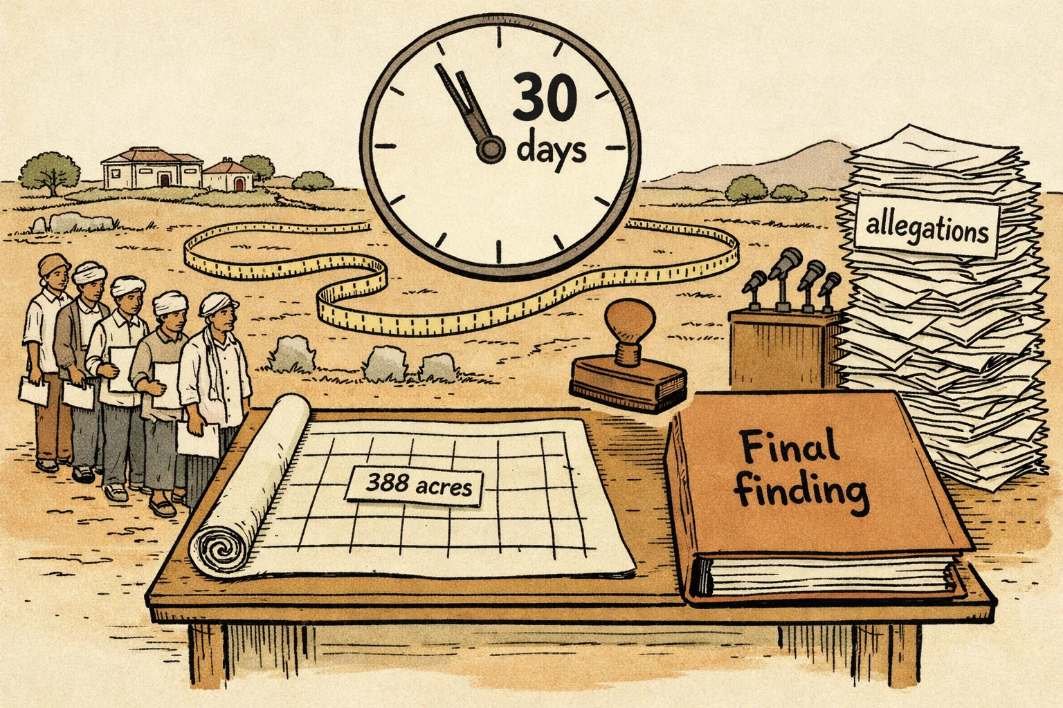 A blank government inquiry file and a ticking 30-day clock sit beside a survey map and measuring tape in a rural Erravelli landscape, with anonymous farmers holding land papers and political claim sheets piled nearby.