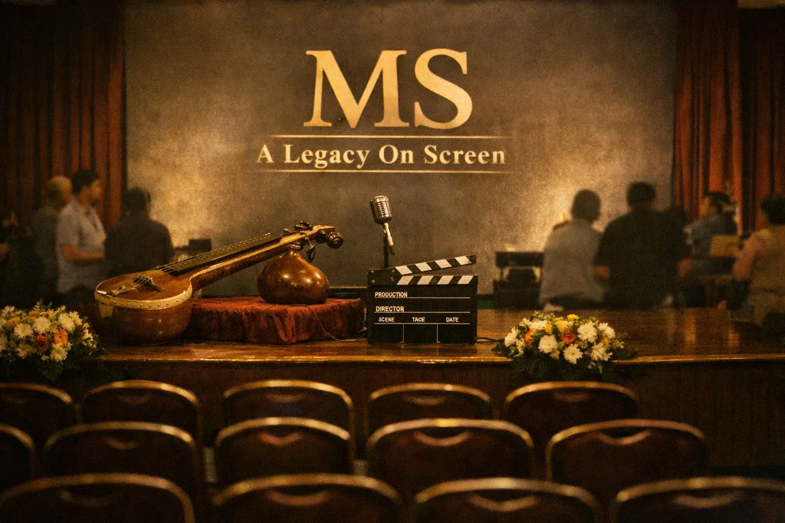 A lit Music Academy stage prepared for a film announcement, with a veena, microphone and clapperboard beside a backdrop naming MS – A Legacy On Screen.