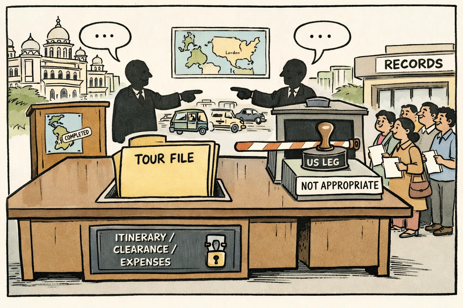 A locked drawer marked TOUR FILE sits between two faceless government podiums pointing at each other, while citizens wait outside a Telangana records office with blank forms.