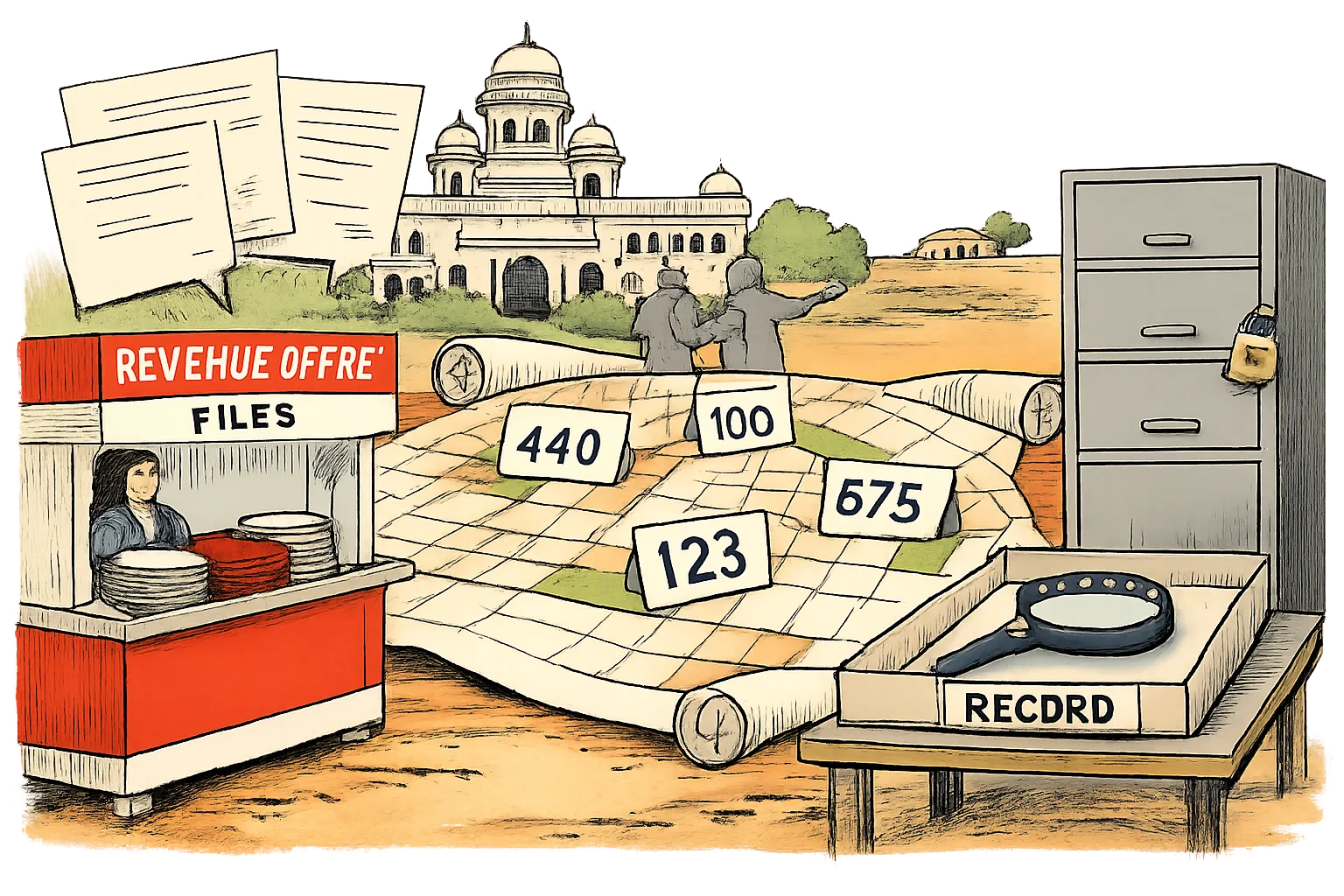 A giant Telangana land map covered with conflicting acreage figures towers over a tiny empty tray labelled “RECORD” outside an assembly-style government building, while faceless officials gesture toward it.