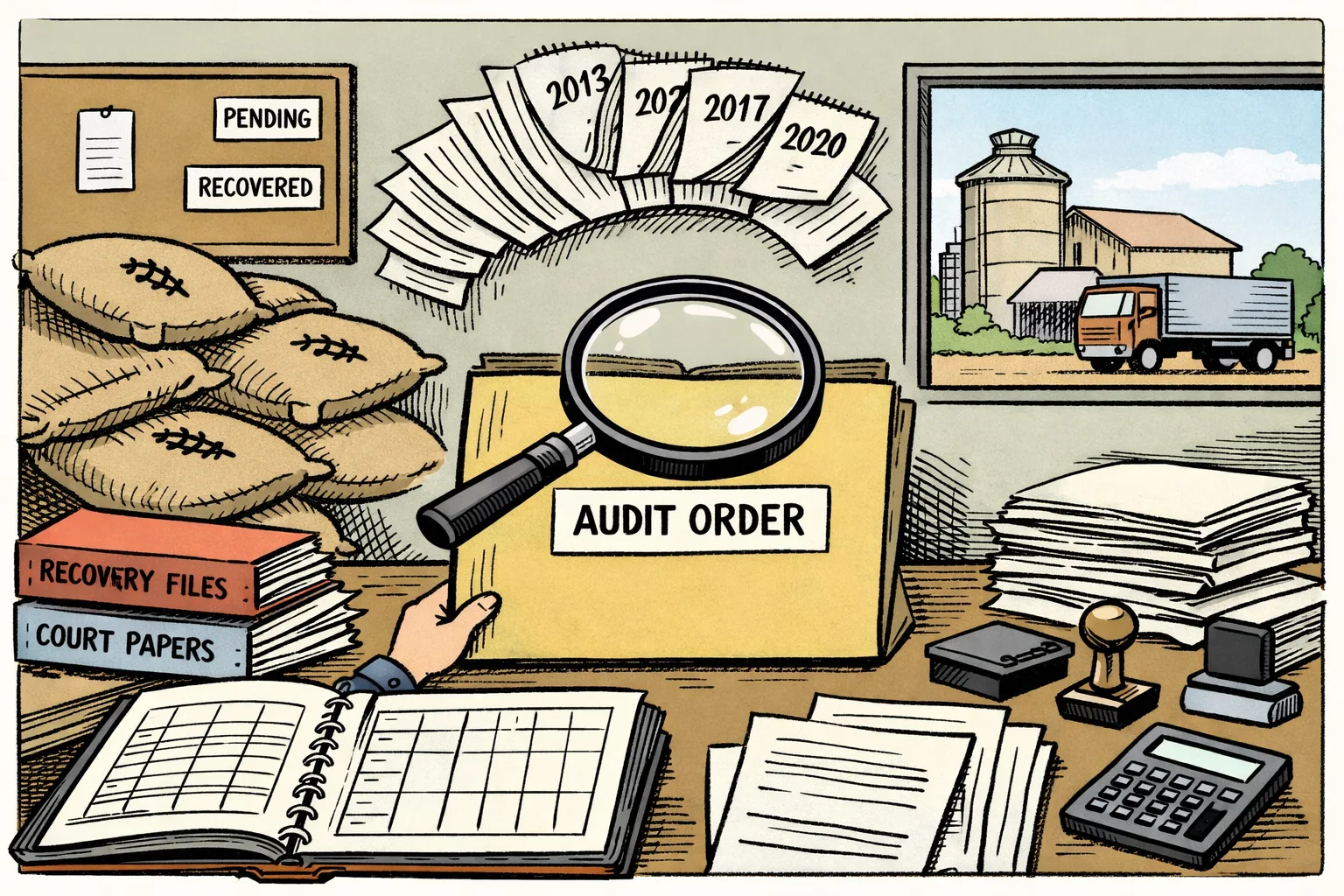 A Telangana Civil Supplies office desk is buried under rice sacks, court files and recovery ledgers, while a large empty folder labelled “Audit order” sits open beneath a magnifying glass; a wall calendar shows many years and a rice mill silhouette appears through the window.