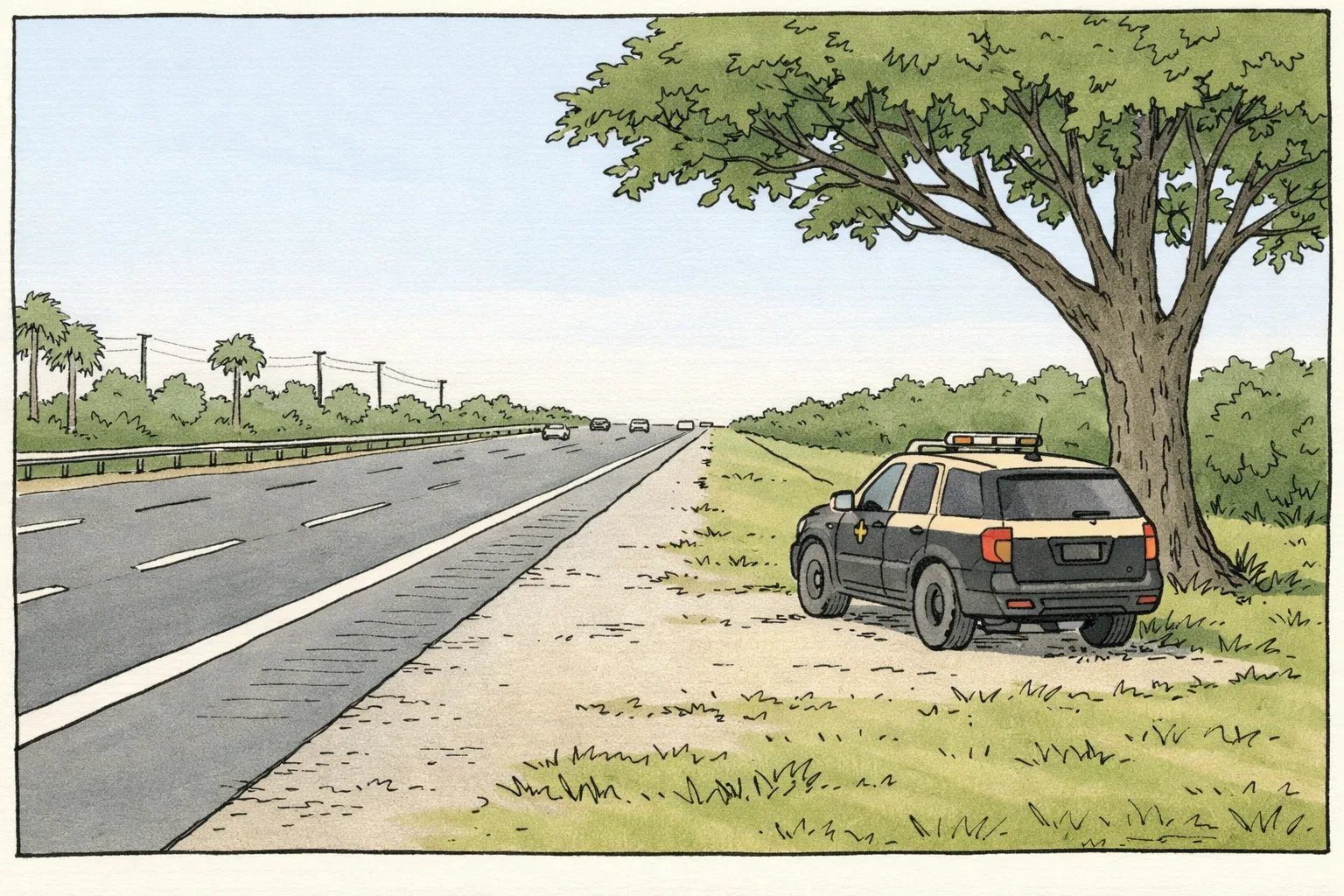A quiet stretch of northbound I-95 near Palm Bay with a roadside tree and a Florida Highway Patrol vehicle on the shoulder.