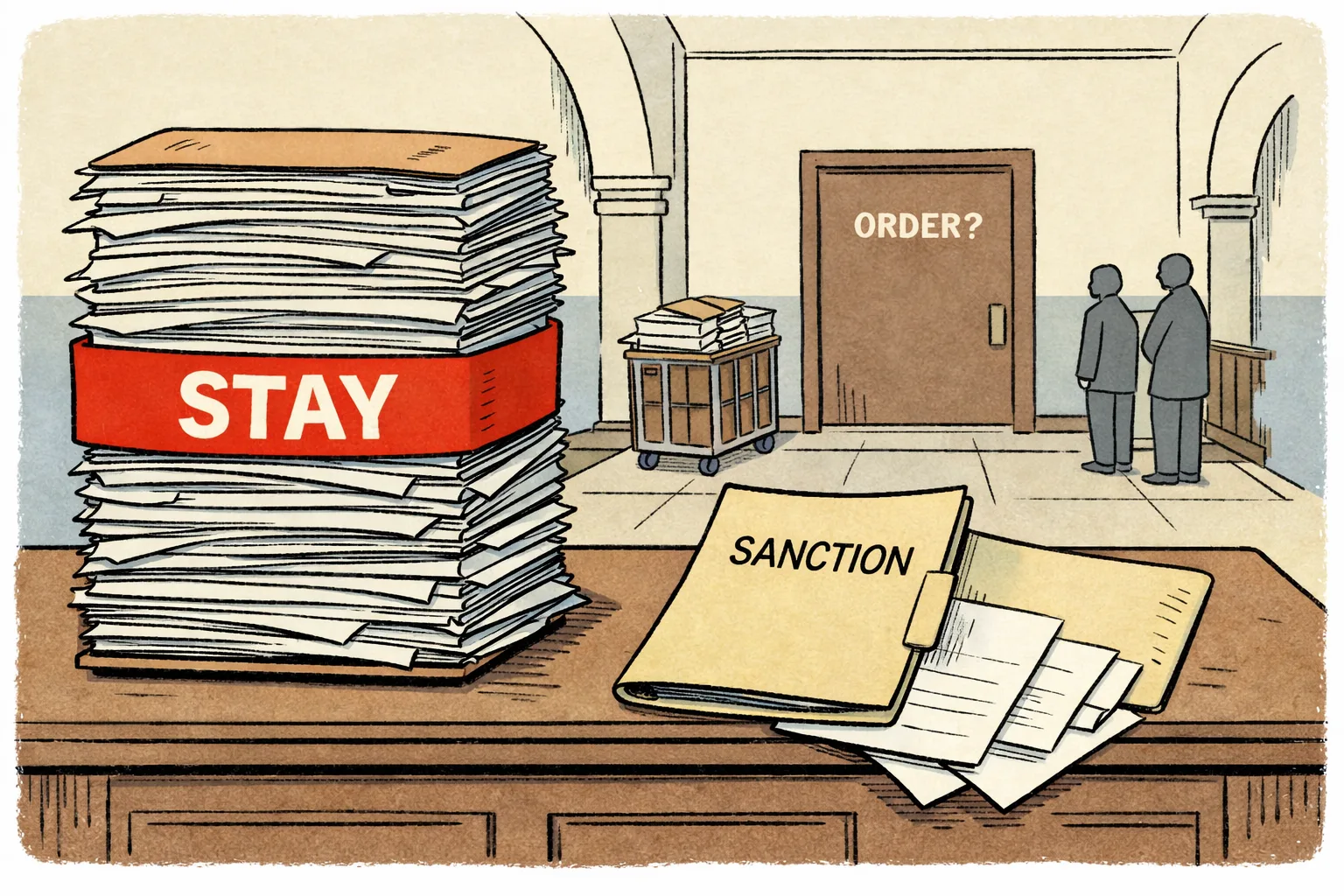 A Telangana-style newspaper cartoon shows a tall stack of court papers balanced on a shaky magistrate’s desk, with a large red ribbon marked “STAY” holding the stack together and a loose folder labelled “SANCTION” lying open and empty. In the background, a courthouse corridor leads toward a locked door marked “ORDER?” while indistinct officials wait beside a file trolley.