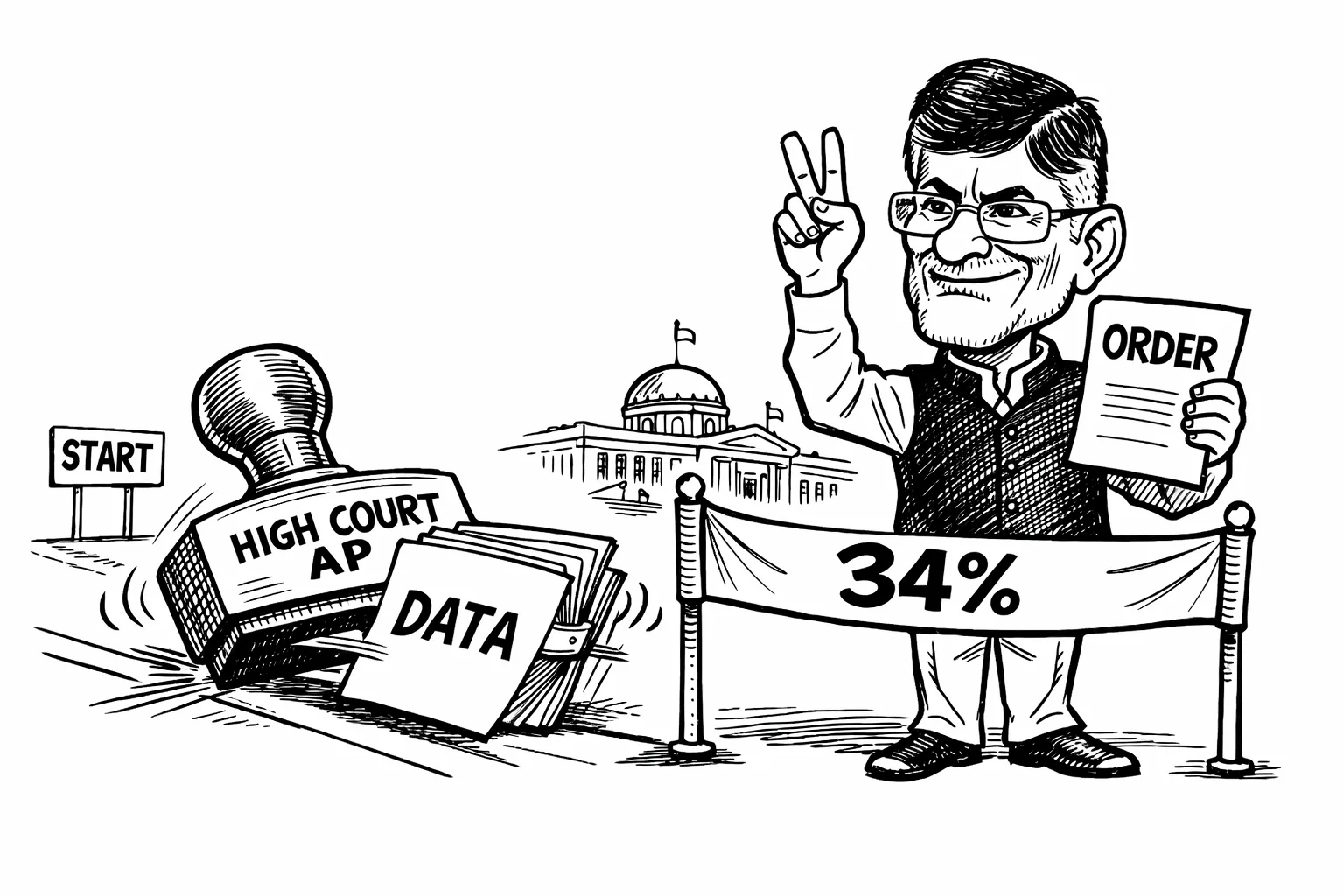 A caricatured Andhra Pradesh politician celebrates at a finish line marked 34% while a giant court stamp pushes a DATA file back toward the starting point.