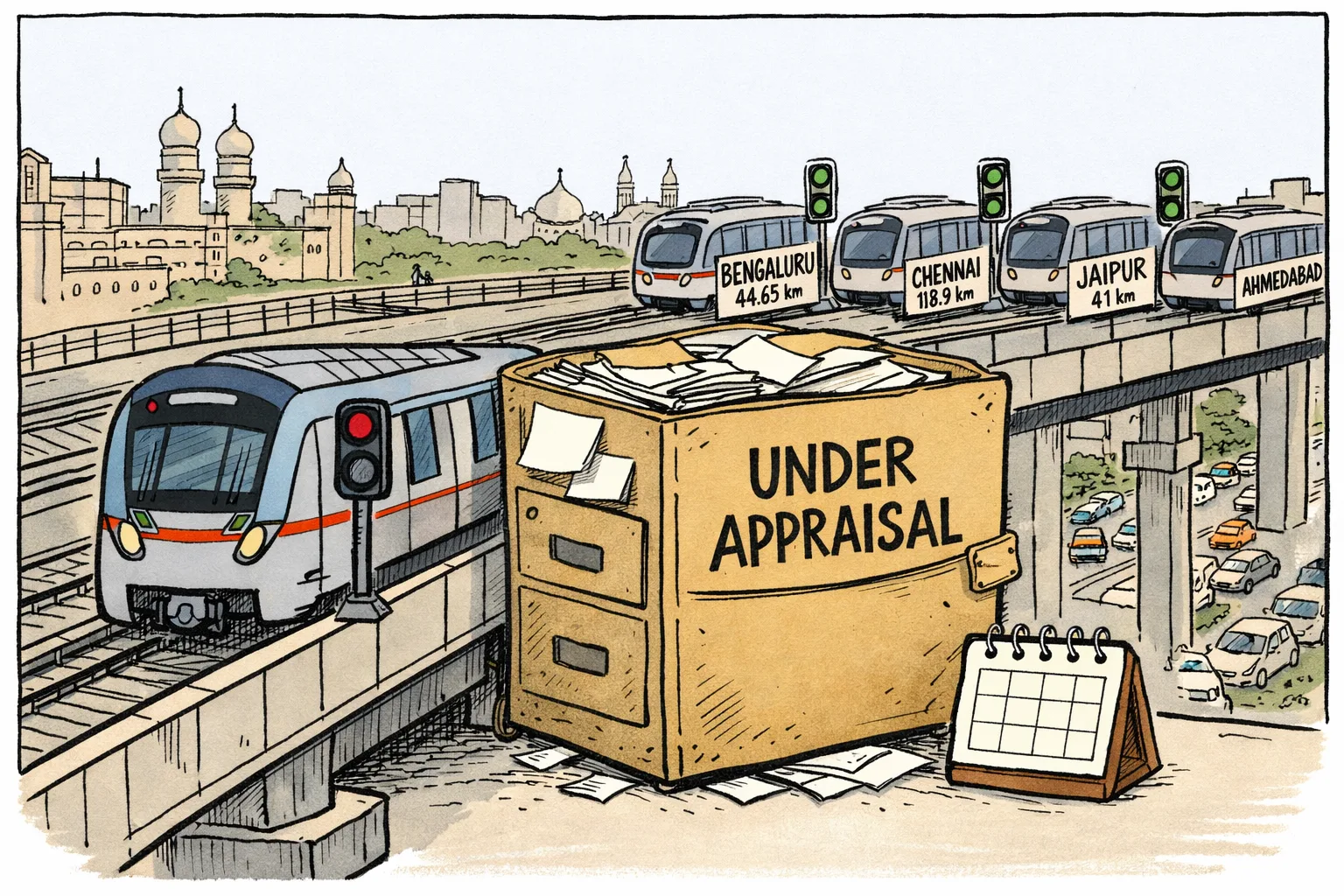 A Hyderabad Metro train waits at a signal beside a huge government file marked ‘Under Appraisal’, while metro trains on labelled tracks for other cities glide past a green signal in the background.