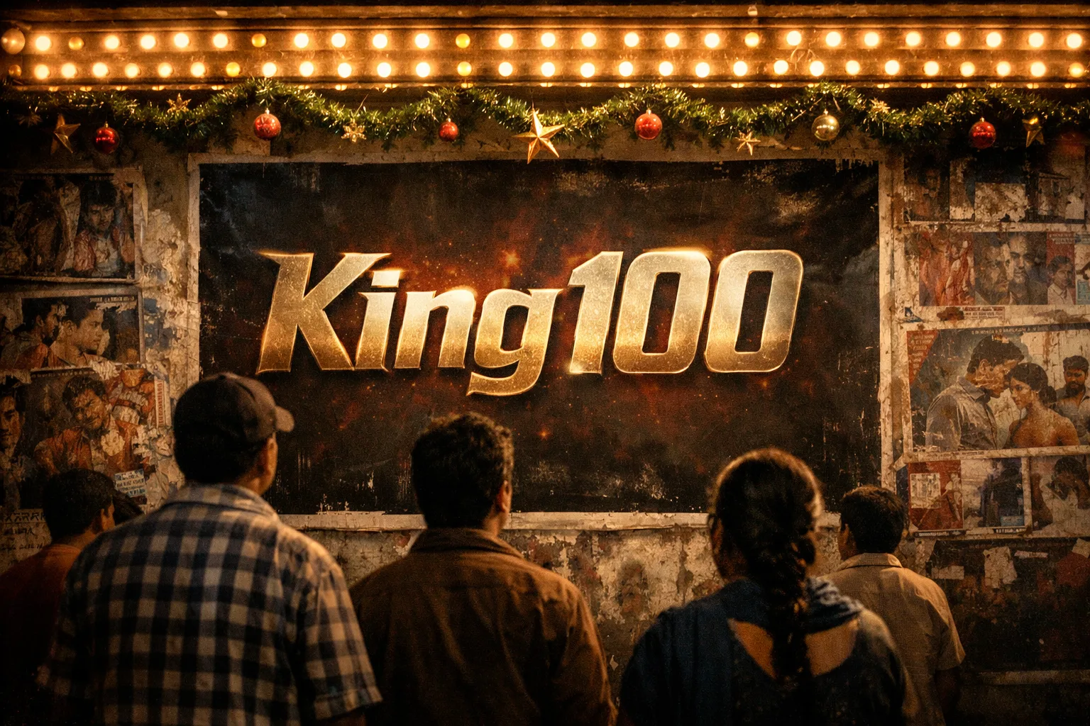 A glowing King100 film poster on a decorated cinema wall in Hyderabad, viewed by indistinct theatre-goers.