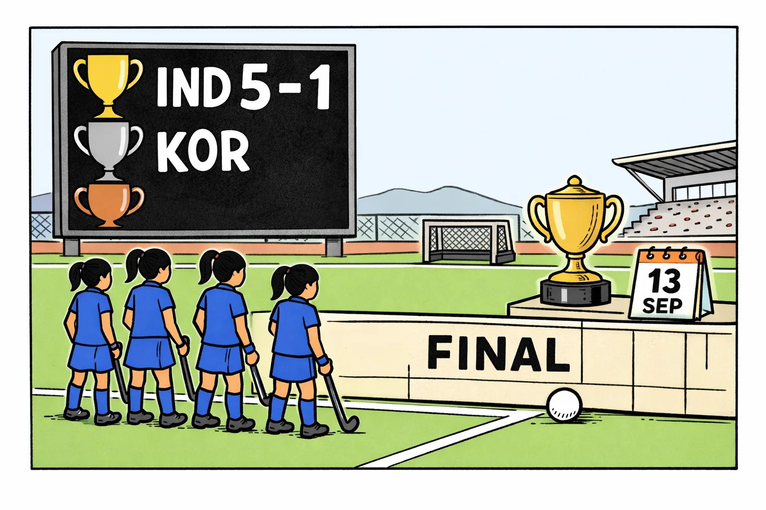 A hockey scoreboard showing India leading South Korea 5–1 and three trophy icons, while a championship cup waits behind a barrier marked Final.