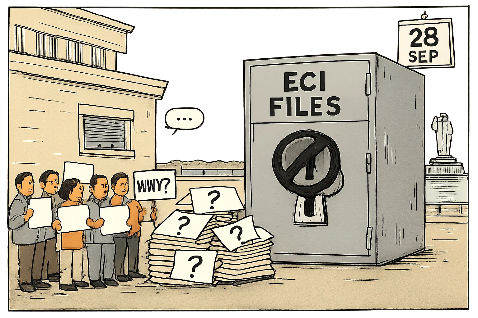 Generic protesters holding a question placard face a locked filing cabinet labelled ECI FILES outside a Hyderabad government building, with the Tank Bund railing and Ambedkar statue in the background.