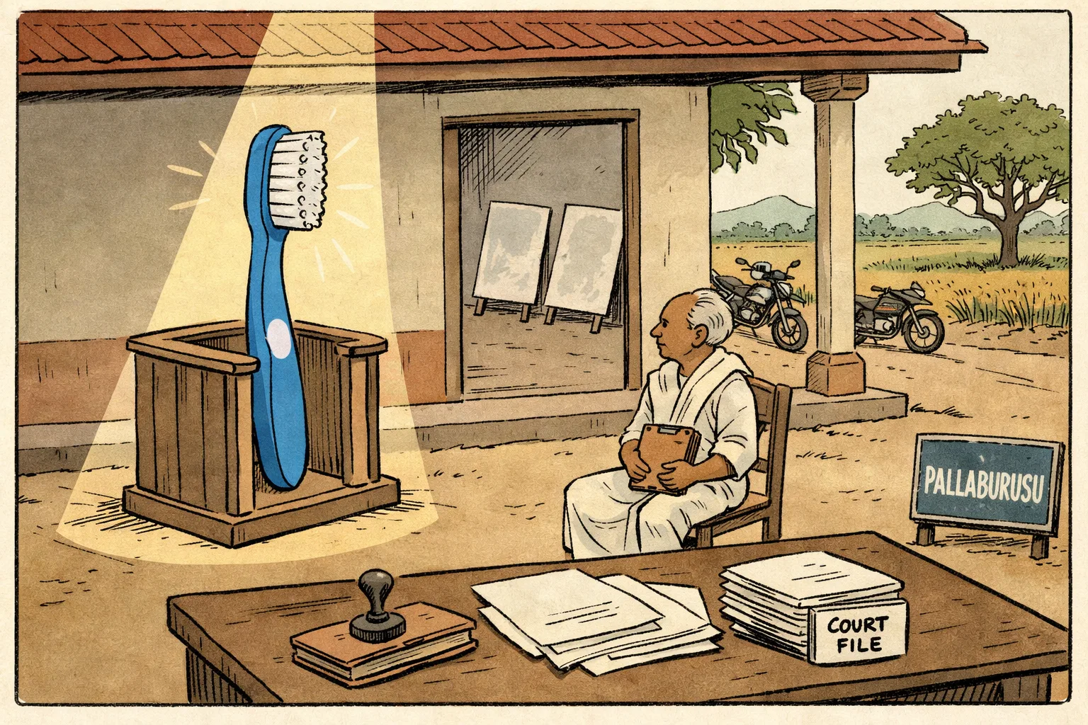 A rural Telangana village courtroom set has a giant toothbrush on trial, with an elderly villager seated beside a neatly labelled court file while empty political slogan placards gather dust outside.