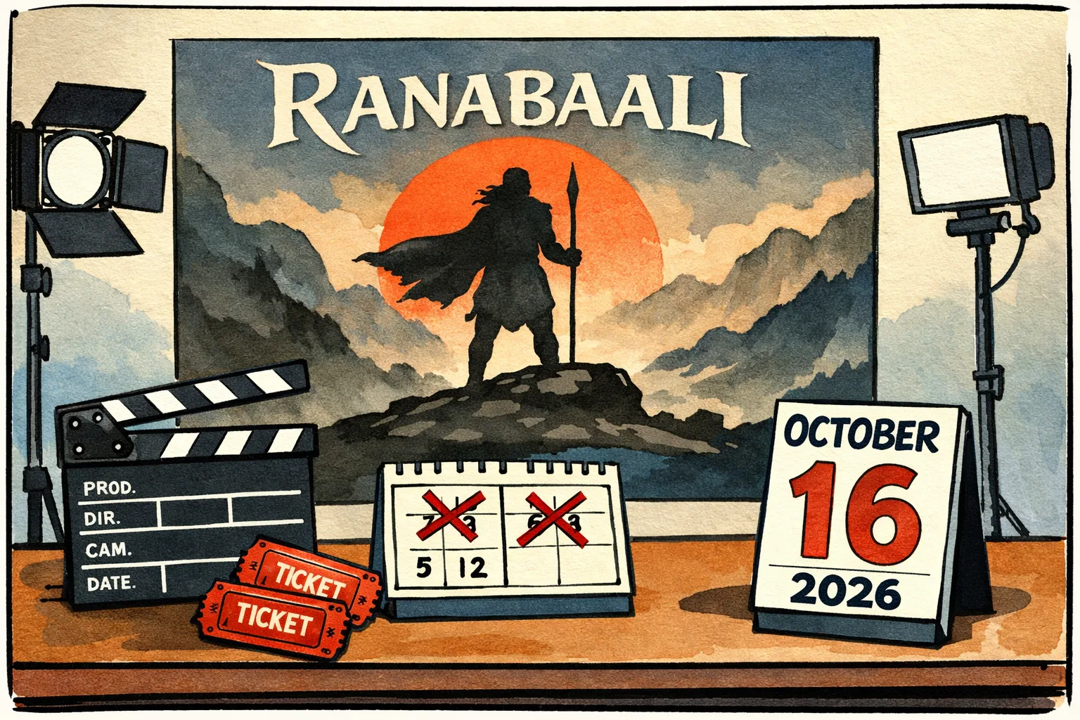 A fictional Ranabaali film poster, clapperboard, tickets and calendar cards showing changed release dates on a media desk.