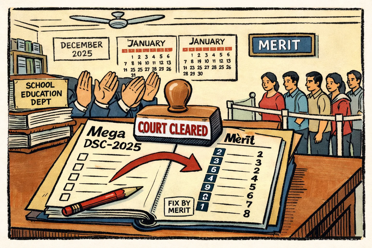 A large Andhra Pradesh government file stamped “COURT CLEARED” sits open on a desk, while a judge’s correction arrow points from a row of preference checkboxes back to a ranked merit list; applause hands rise behind the desk and a school recruitment queue waits in the background.