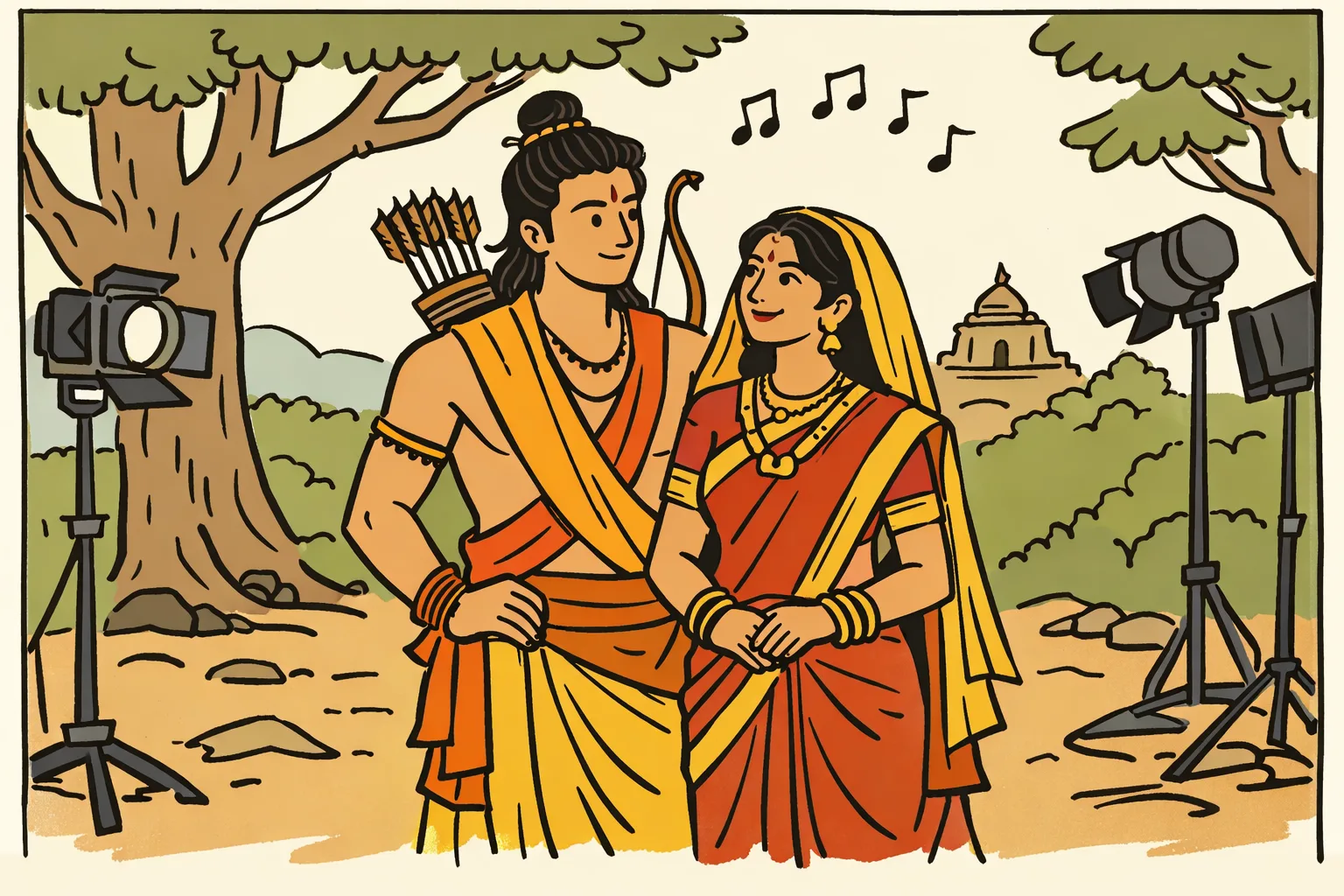 A cinematic promotional image shows two performers portraying Rama and Sita in a warmly lit mythological forest setting.