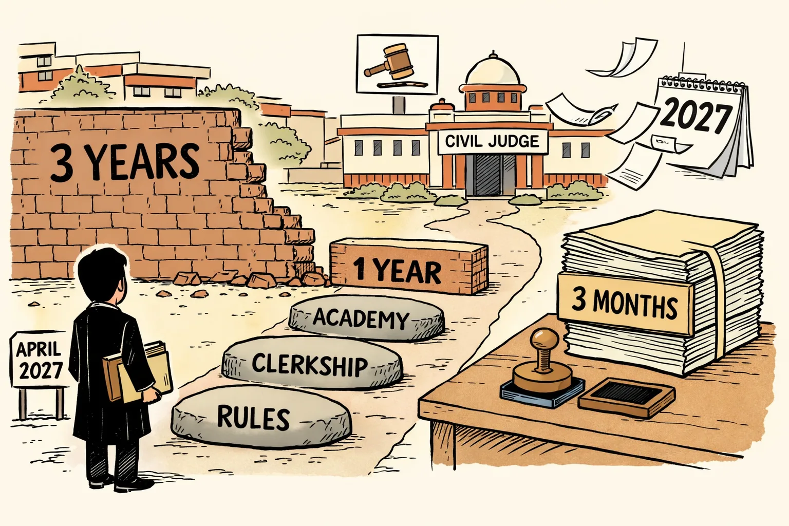 A law graduate stands before a shortened wall and a pathway marked academy, clerkship and rules leading to a civil judge’s courtroom, while a large three-month government file sits beside a calendar pointing toward 2027.