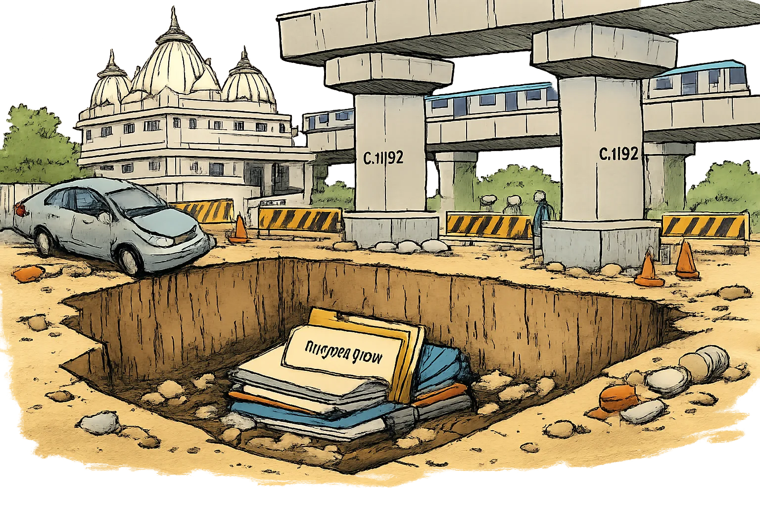 An excavation beside a Hyderabad Metro viaduct exposes the bases of two labelled concrete pillars, while sealed inspection files lie buried at the bottom of the pit.