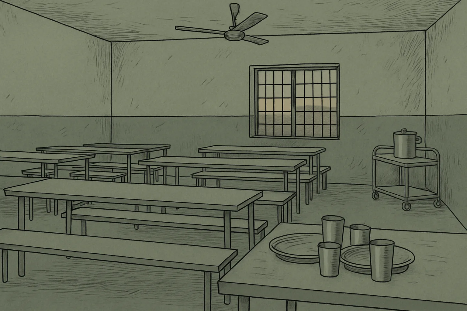 An empty school dining hall with rows of steel tables and benches, a few plates and tumblers left out, and a serving vessel by the wall in fading evening light.
