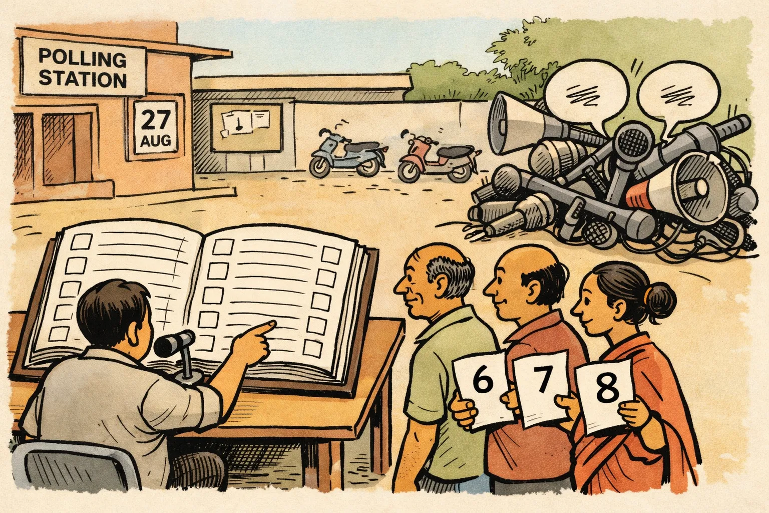 At a Telangana polling station, an electoral register and three numbered forms sit in the foreground as an official reads from the book, while tangled microphones and empty speech bubbles recede behind them.