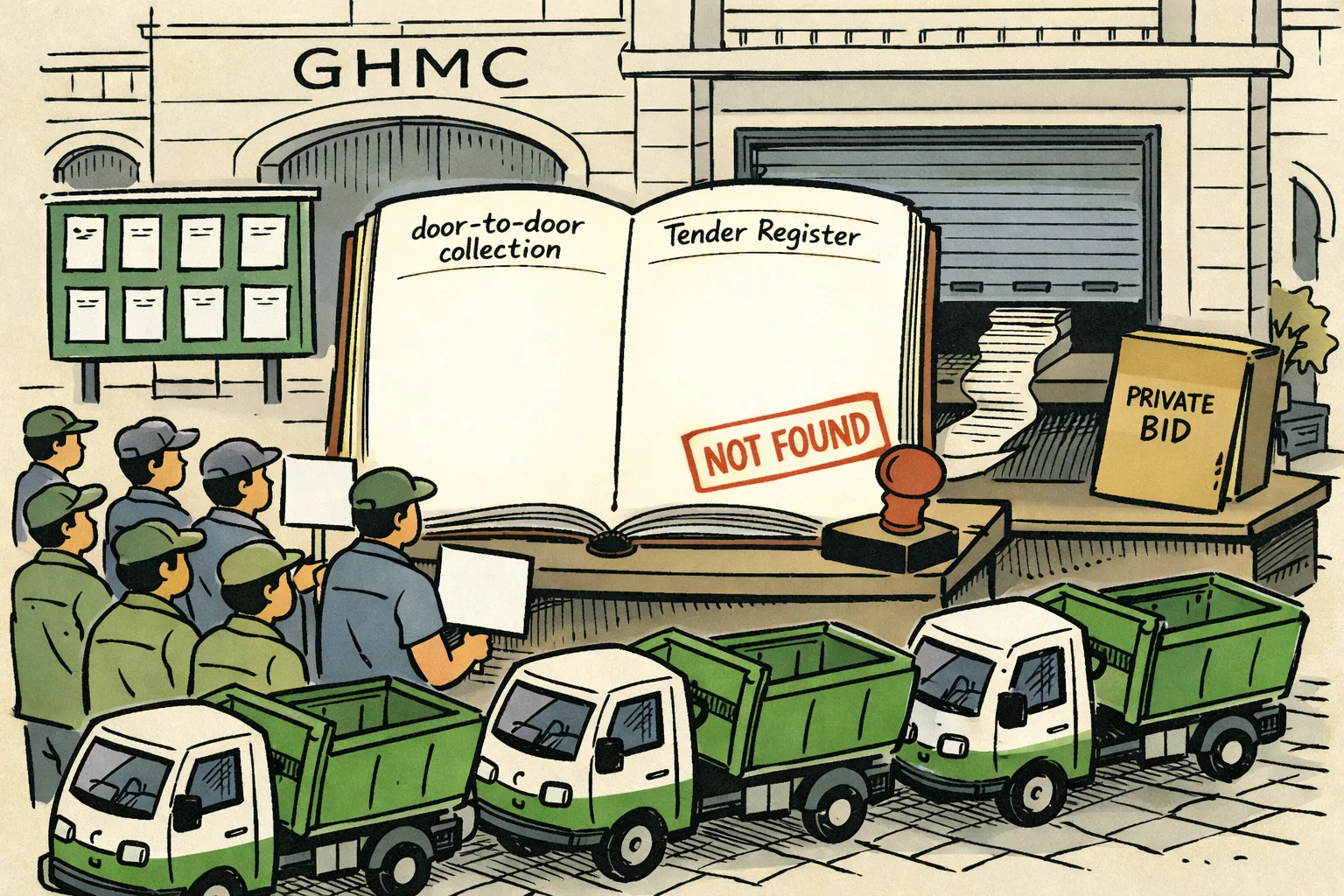 Sanitation workers and waste-collection vehicles stand outside a GHMC office beside a large open tender register showing a blank page, with a nearby stamp marked “NOT FOUND” and a shuttered service window.