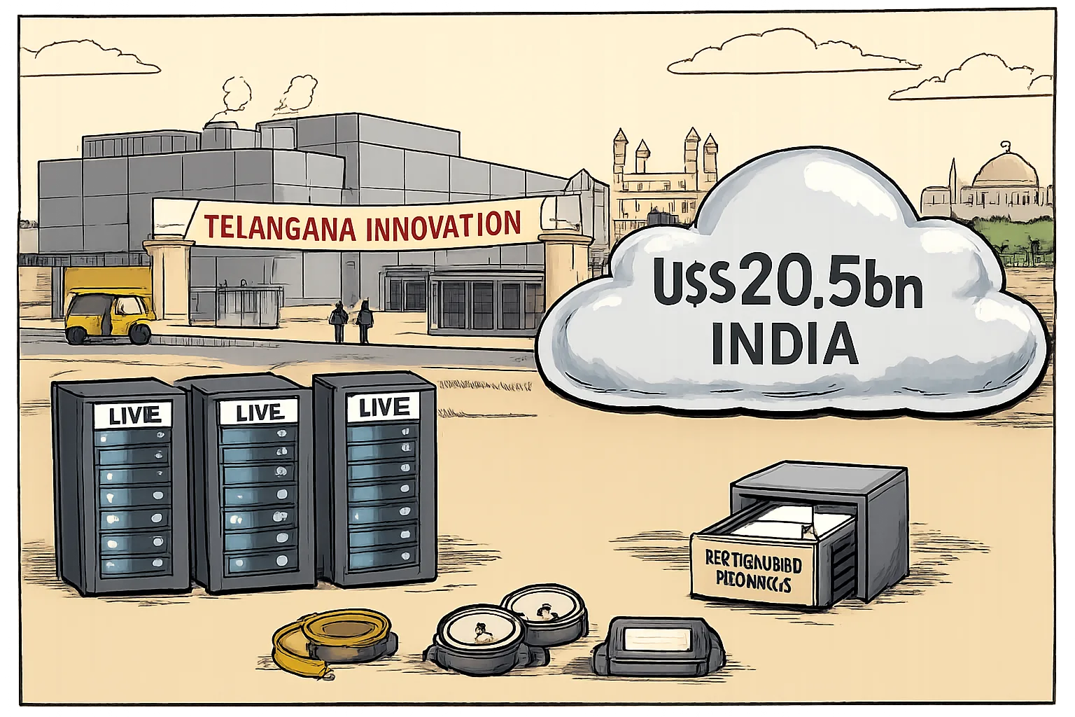A Hyderabad data-centre building with three glowing server pods marked 'LIVE' stands beside a huge cloud labelled 'US$20.5bn INDIA' and a tiny empty drawer labelled 'HYDERABAD FIGURES'.