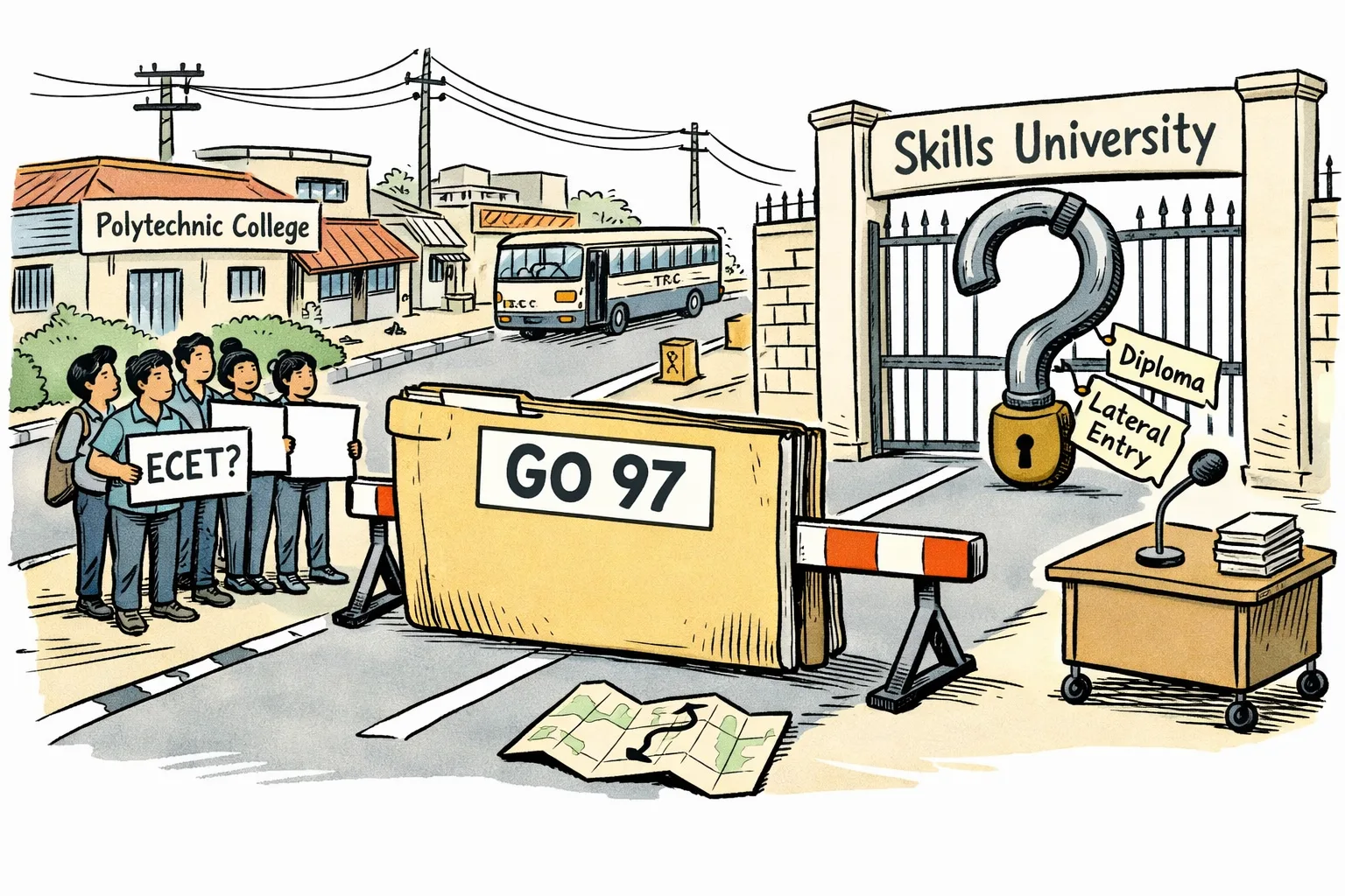 Polytechnic students stand beside a Telangana district crossroads facing a large barricade made from a file marked GO 97, blocking a road from a diploma college to a gate marked Skills University; a question-mark lock carries Diploma and Lateral entry tags.