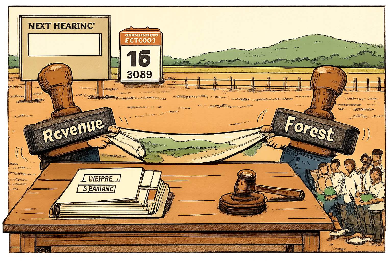 An unfinished court file and gavel sit between oversized Revenue and Forest stamps pulling at a rolled land map, while nine small farmers wait beside a field and a calendar shows October 16, 2026.