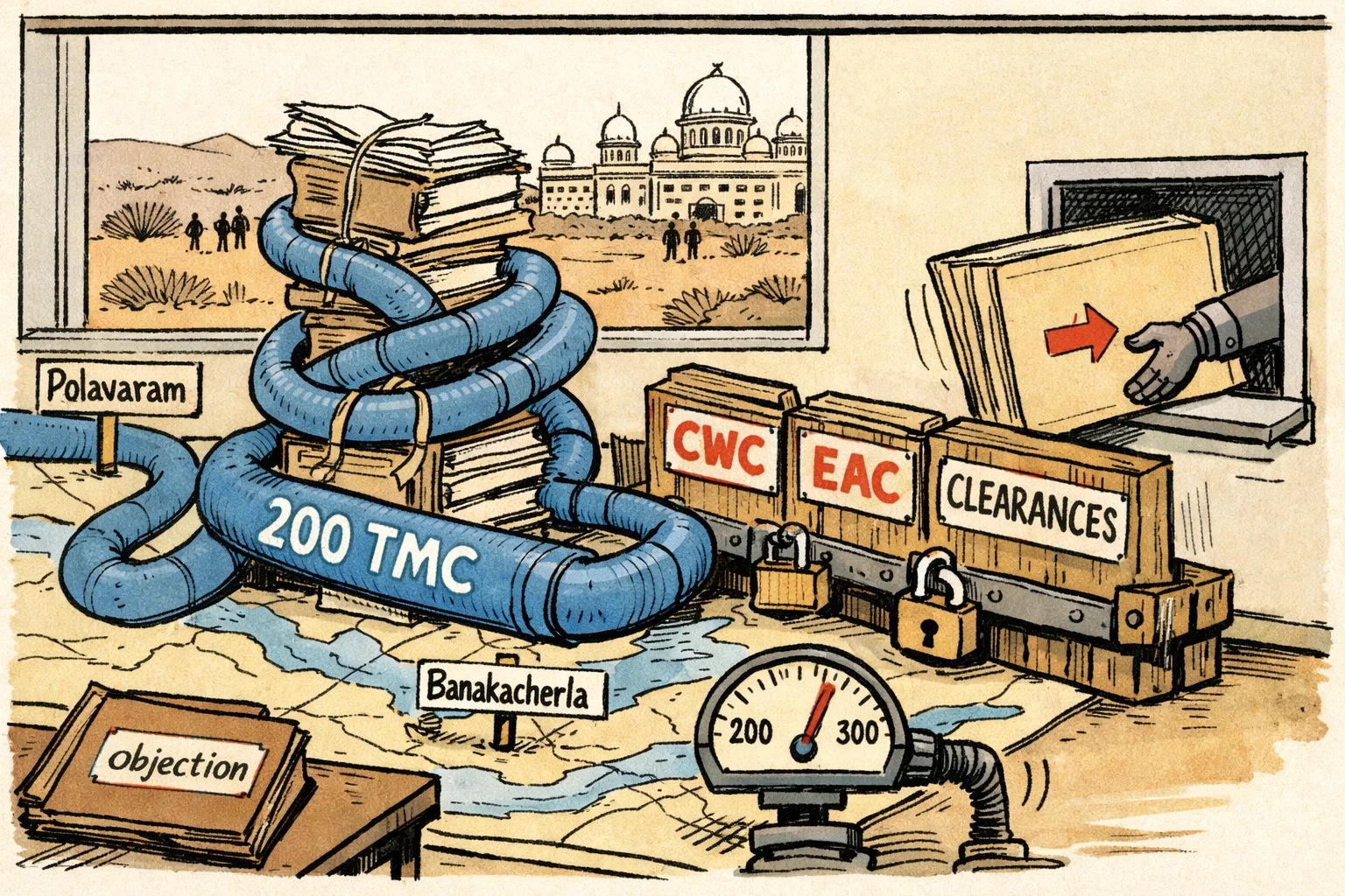 A giant pipe marked 200 TMC is tangled in oversized government files and blocked by a barrier of clearance forms on a map of the Godavari and Srisailam region.