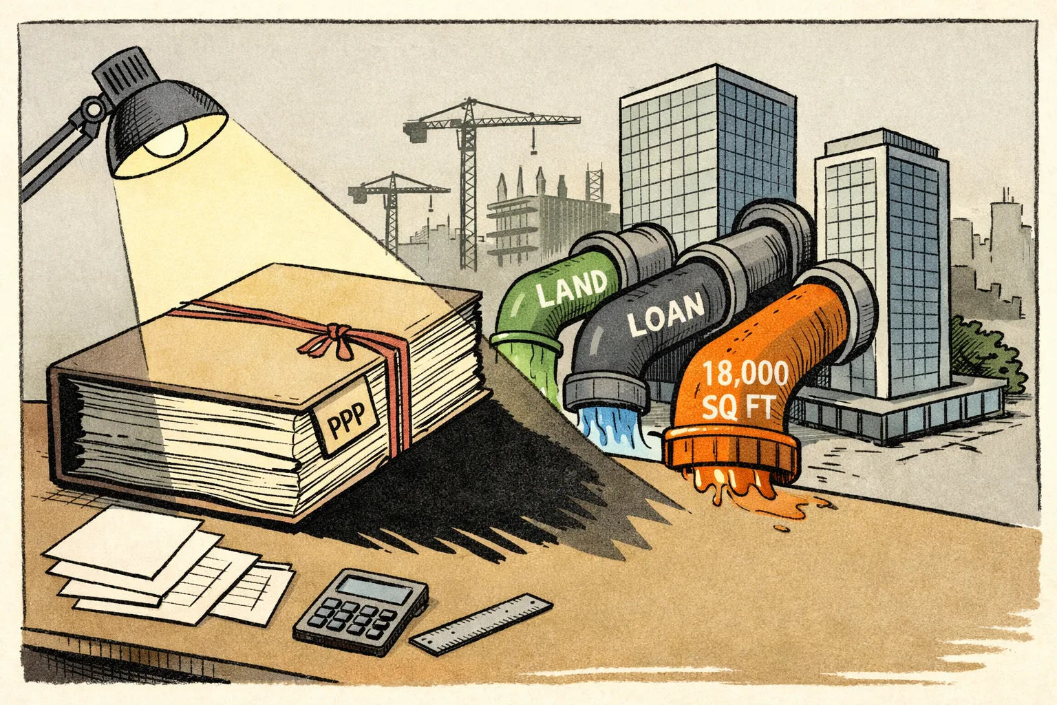 A huge sealed tender file labelled with a small generic 'PPP' tab sits on a desk beneath a bright inspection lamp, while pipes marked 'land', 'loan' and '18,000 sq ft' feed into two unequal transparent towers; a Telangana urban skyline and Raidurg high-rises appear in the background.