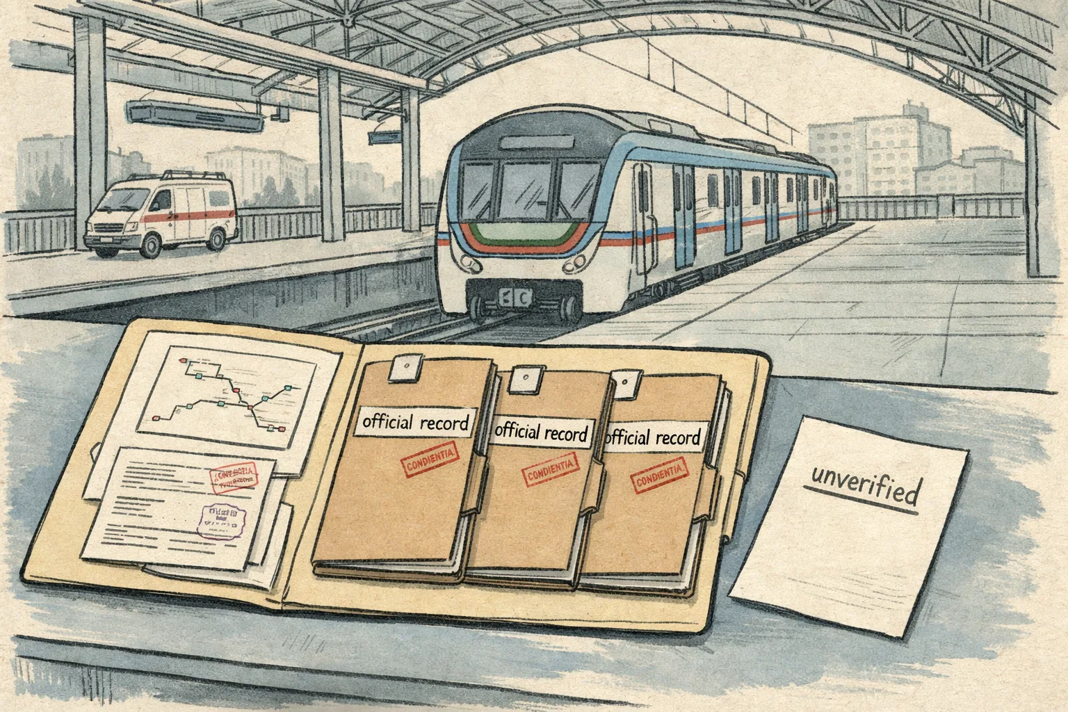 A Hyderabad Metro train waits on a Blue Line platform beside a neatly stamped file containing route maps and organ-transport records; a roadside ambulance and hospital buildings appear in the background, while a loose social-media message lies outside the file.