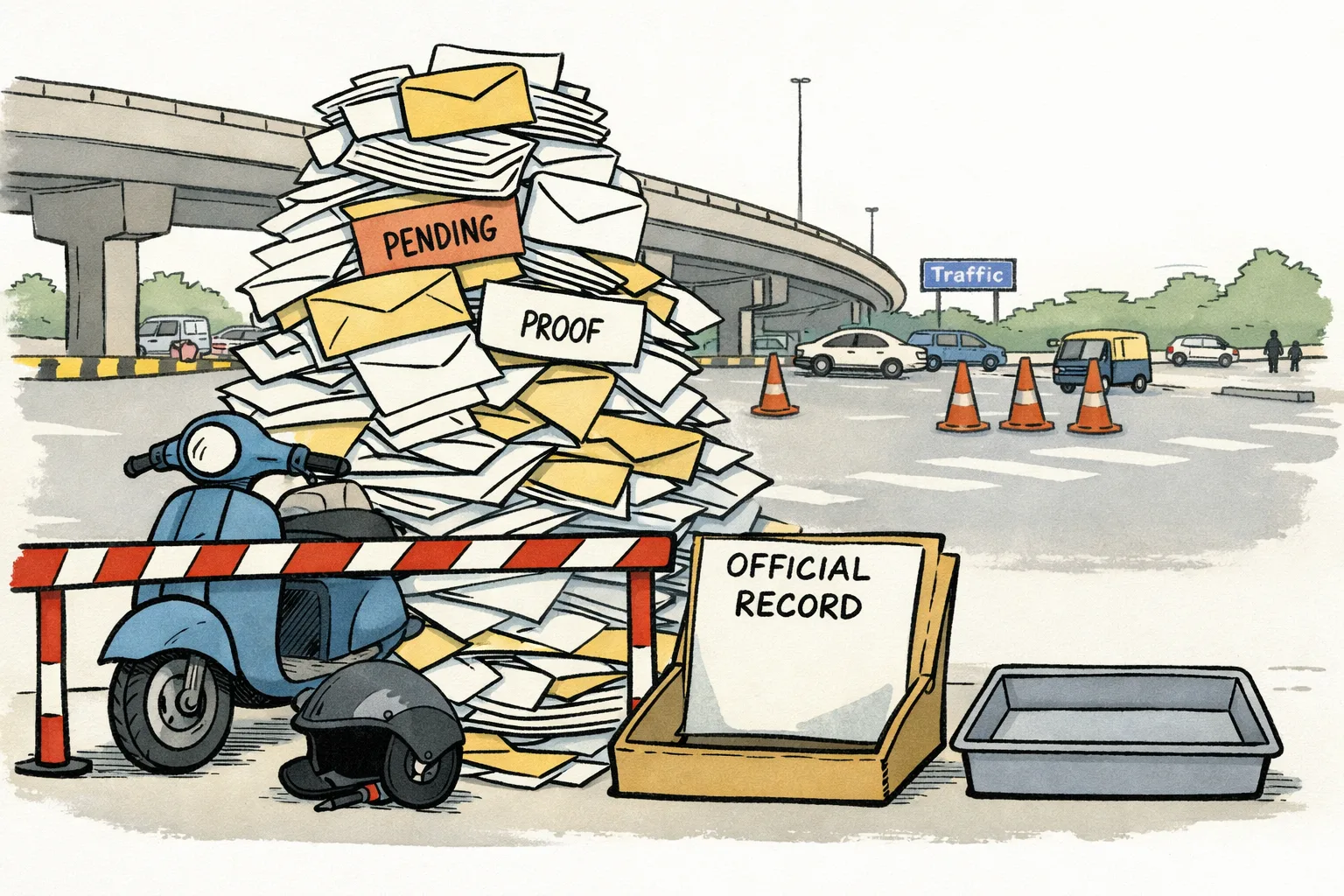 A small scooter sits behind a traffic-police impound barrier while an enormous stack of unpaid challan papers rises beside it; a helmet and missing-document folder lie on the road, with a generic Indian city junction in the background.