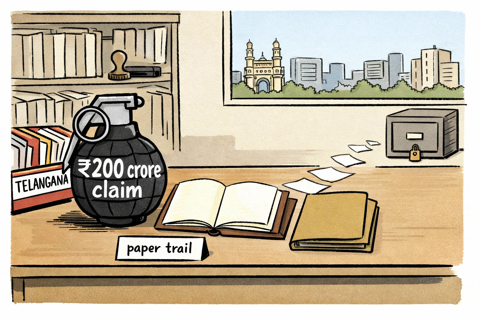A giant ₹200 crore claim shaped like a grenade sits on a Telangana government records desk, while an empty folder marked with a small question mark lies open beside it and a paper trail ends abruptly.