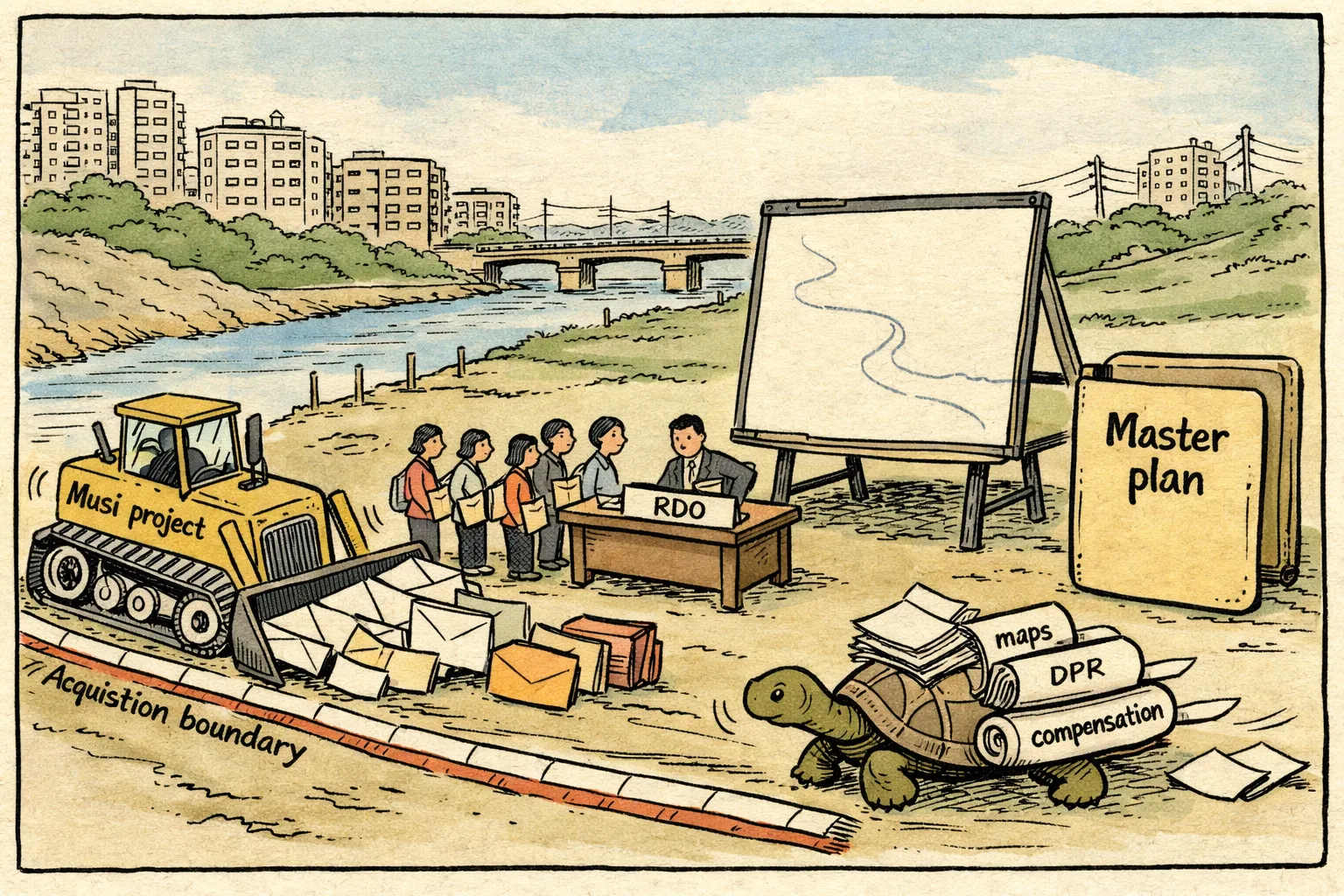 A cartoon bulldozer advances beside the Musi river toward a hearing desk while residents wait with folders, and an empty master-plan board and paperwork-laden turtle trail behind.
