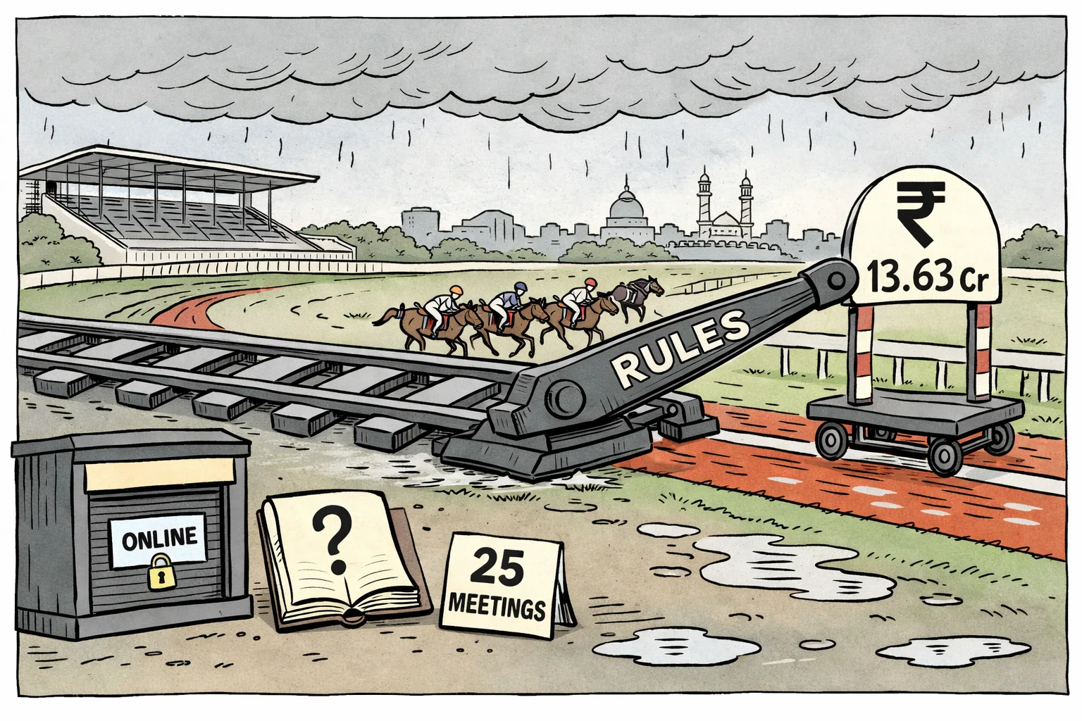 A Telangana racecourse track curves around a large government-built rail track, while a horse approaches a finish line marked with a prize-money board and a closed online betting kiosk sits beside the grandstand.