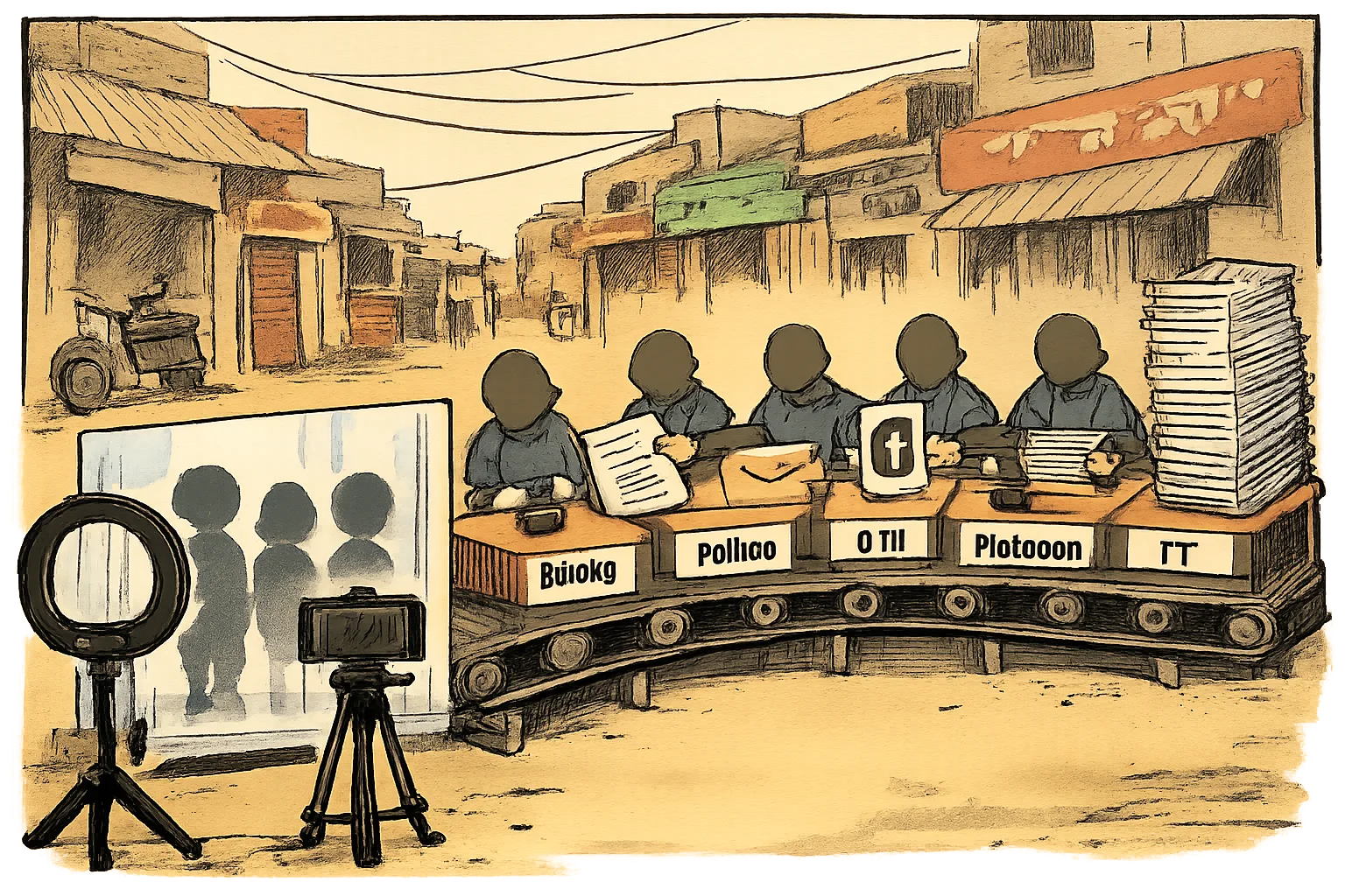 A newspaper cartoon shows a phone on a tripod and ring light aimed at child-sized silhouettes behind a privacy screen, while anonymous institutional desks pass blank reports and evidence forms between labels for the NHRC, police, district administration, IT department and a platform.