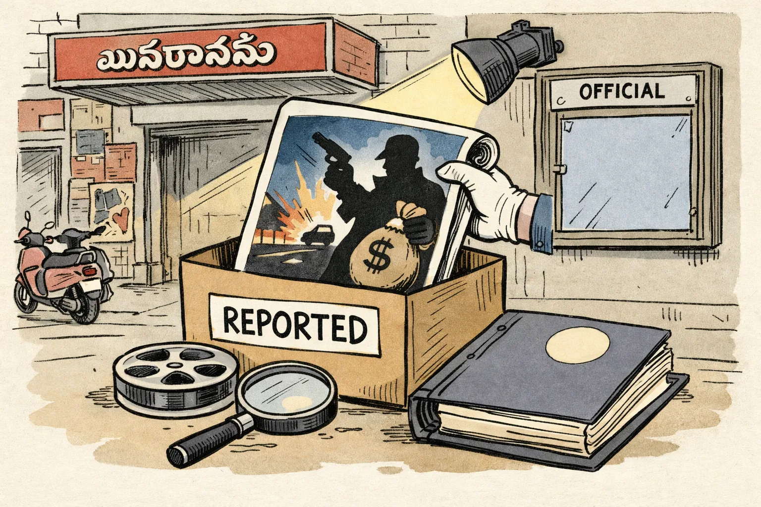 A newspaper-style film-poster wall in Hyderabad shows a large rolled poster marked “REPORTED” beside stacked, unopened production files and a camera, while a small cinema marquee waits for an official poster.