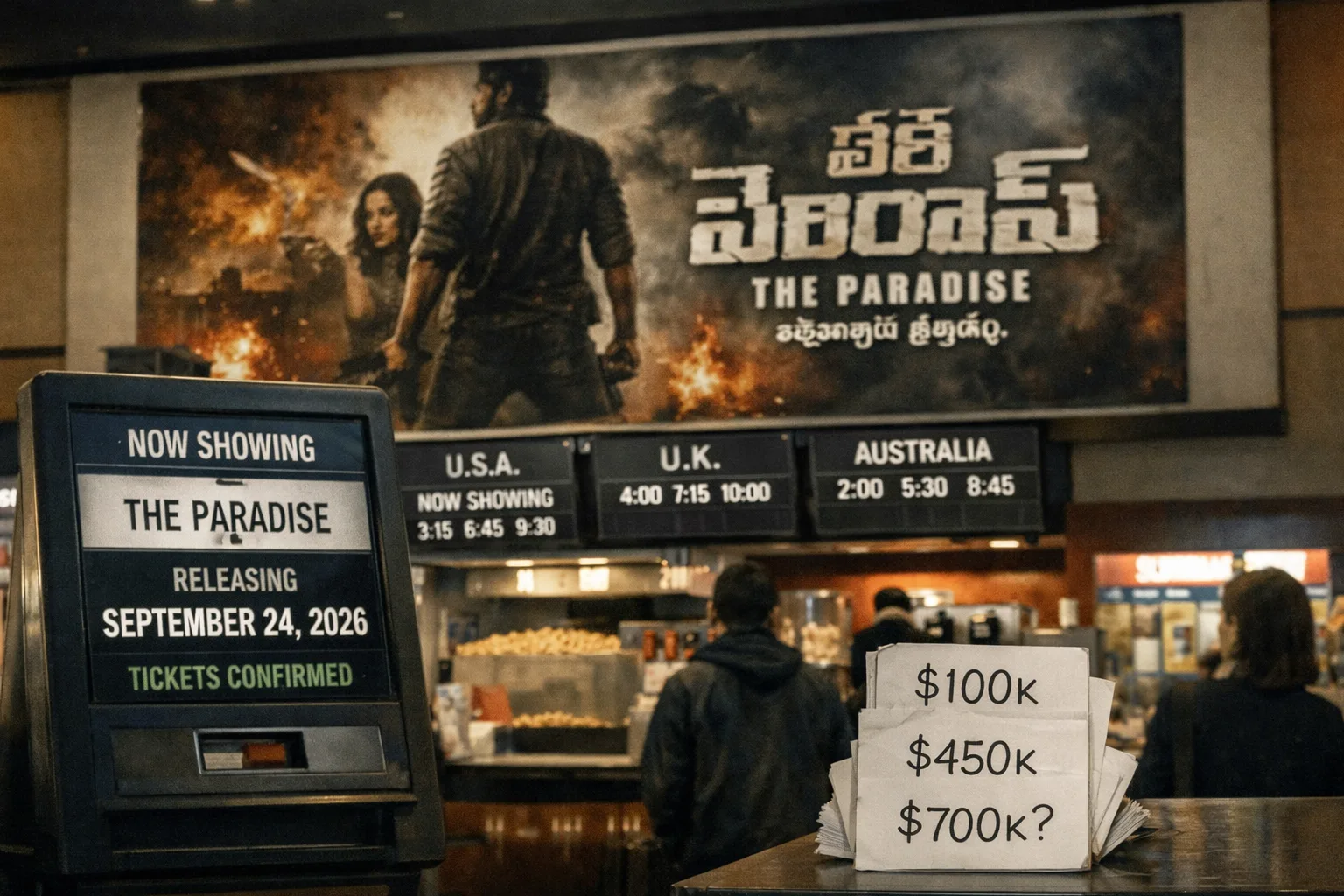 A multiplex foyer displays a Telugu film screening notice, cinema tickets and papers showing several competing dollar figures, including one with a question mark.