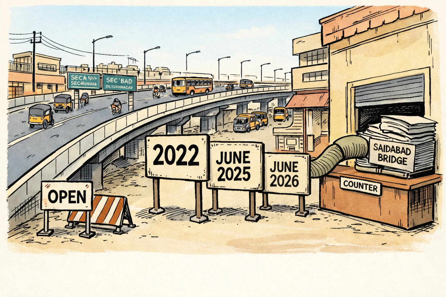 A completed steel flyover in Hyderabad stands beside three outdated deadline boards and a long project file waiting at a small municipal counter.