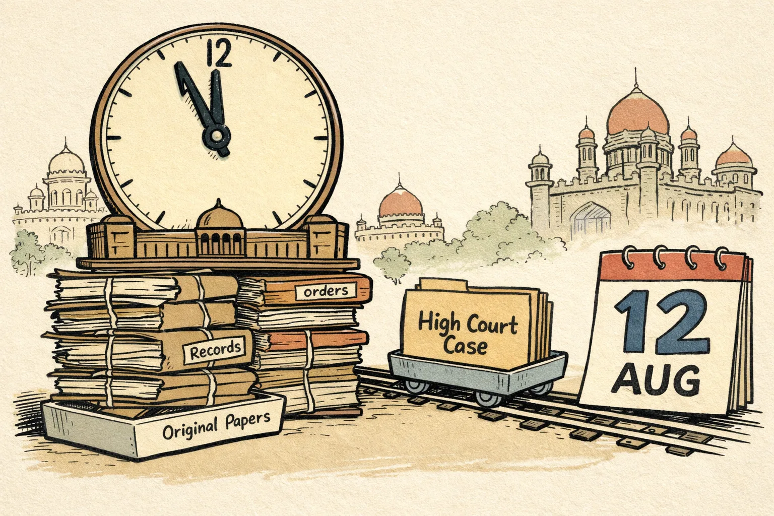 A large legislative clock with its hands stuck just before a deadline sits above a dusty stack of tribunal files, while a High Court folder marked “review” moves along a narrow track toward a calendar page. Telangana Assembly architecture appears in the background.