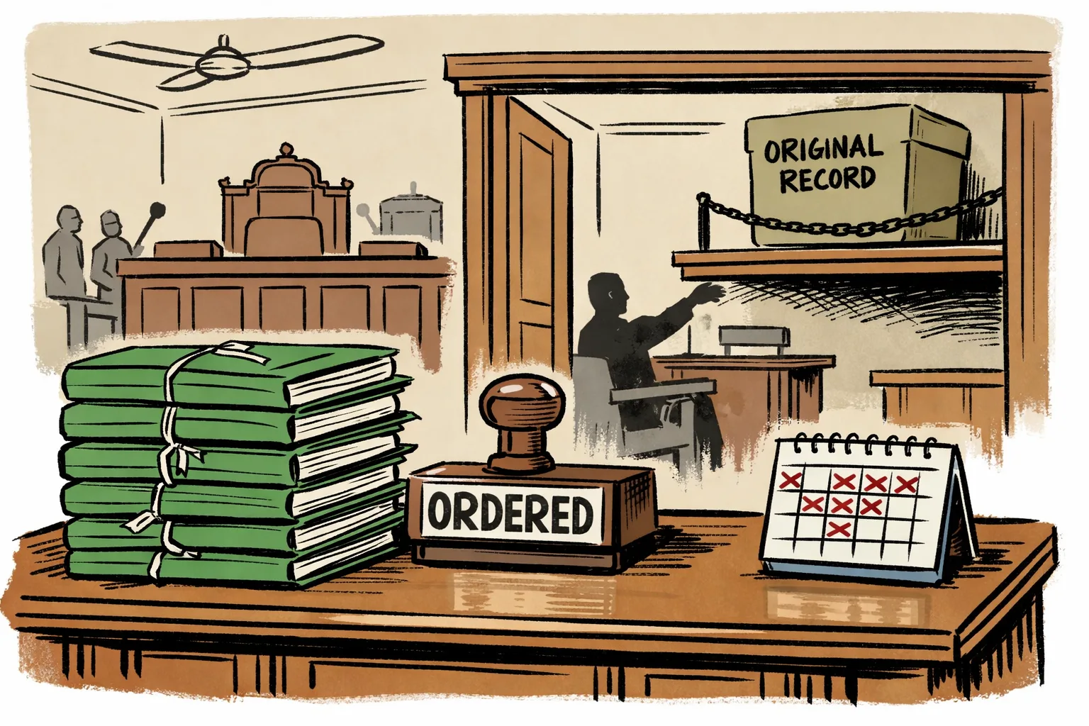 A large Telangana Legislative Assembly Speaker’s desk is covered by a fresh stack of stamped dismissal files, while a High Court bench in the background reaches for a locked archive box marked ‘Original orders’. A wall calendar shows deadlines, and party-coloured but unmarked folders sit on either side.